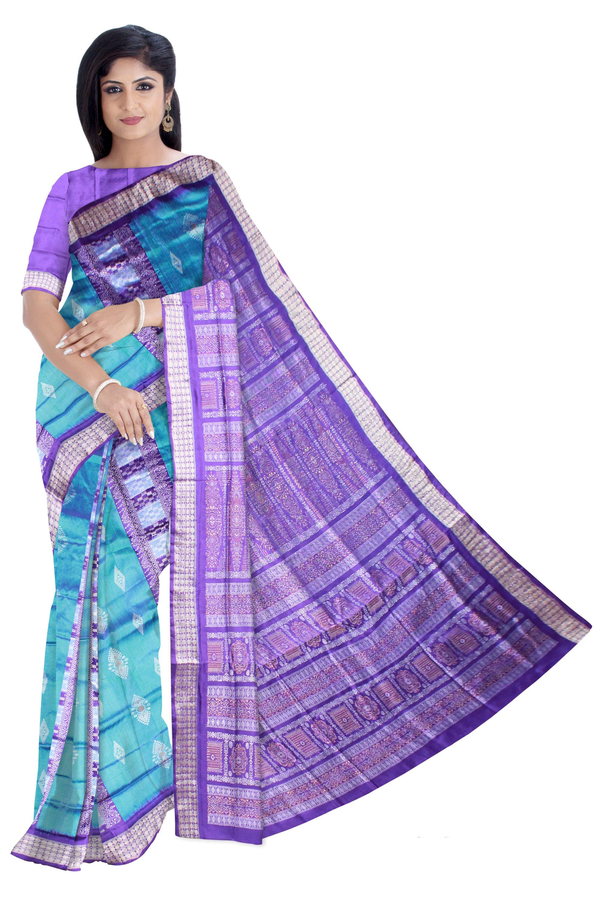 Blue color Pasapali lining bomkei Sambalpuri pata saree with blouse piece - Koshali Arts & Crafts Enterprise