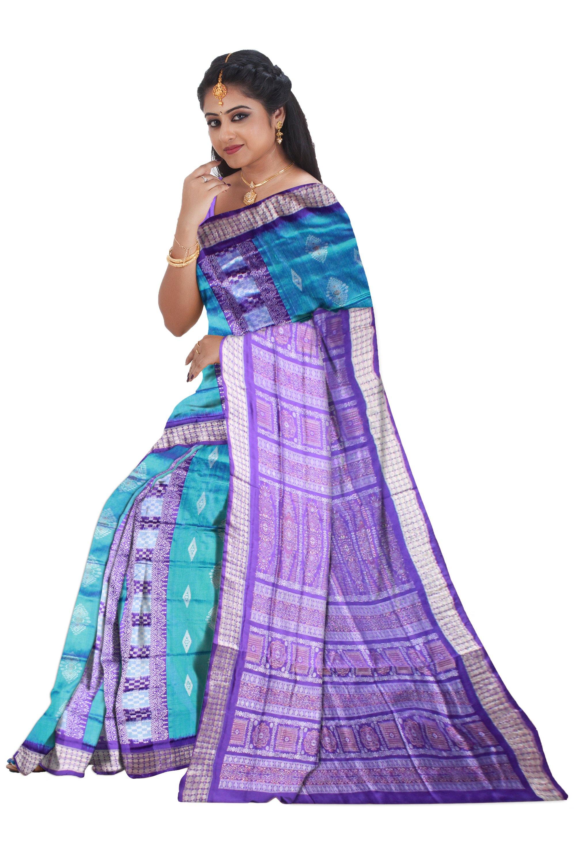 Blue color Pasapali lining bomkei Sambalpuri pata saree with blouse piece - Koshali Arts & Crafts Enterprise