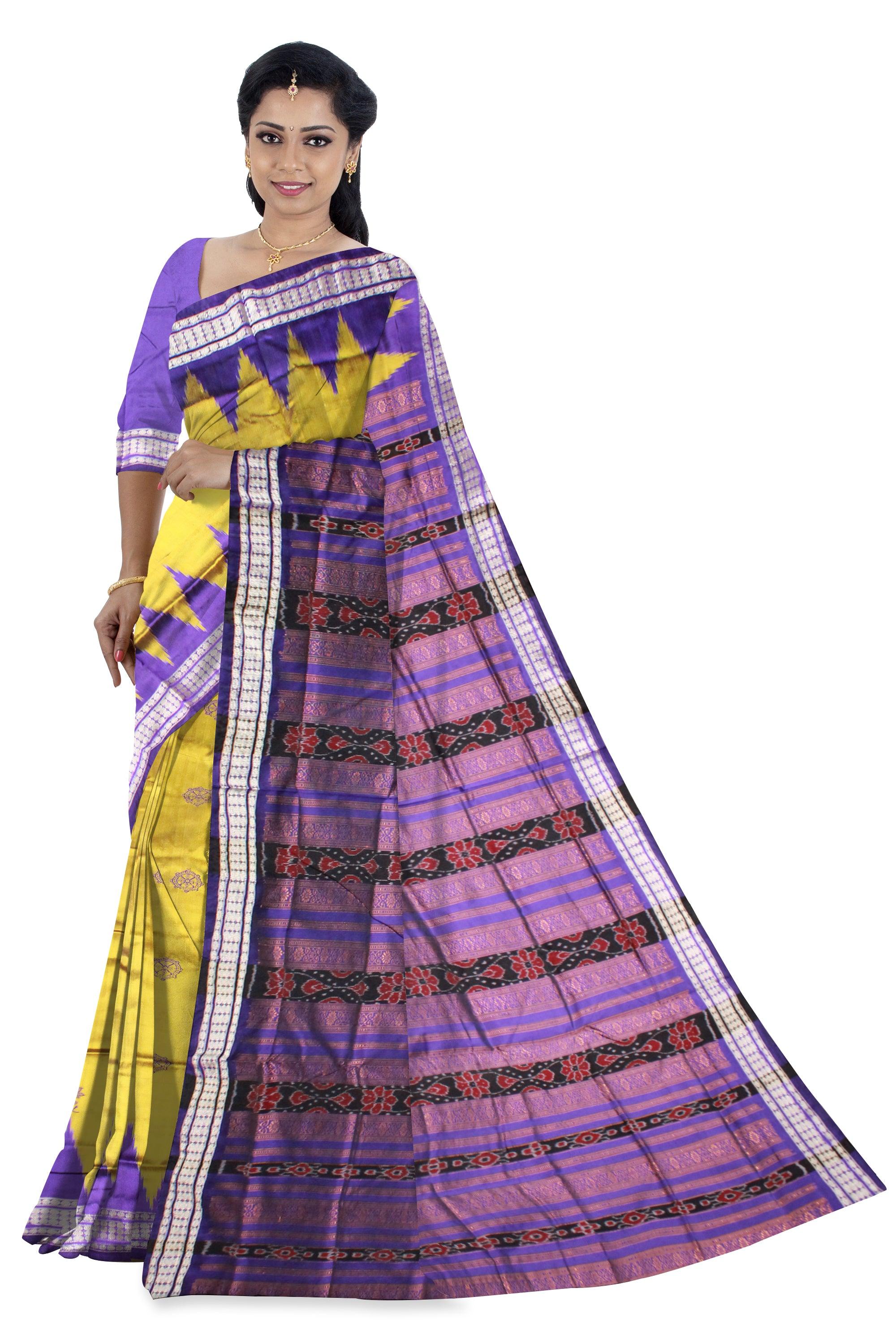 Yellow color sambalpuri pata saree with blouse piece. - Koshali Arts & Crafts Enterprise