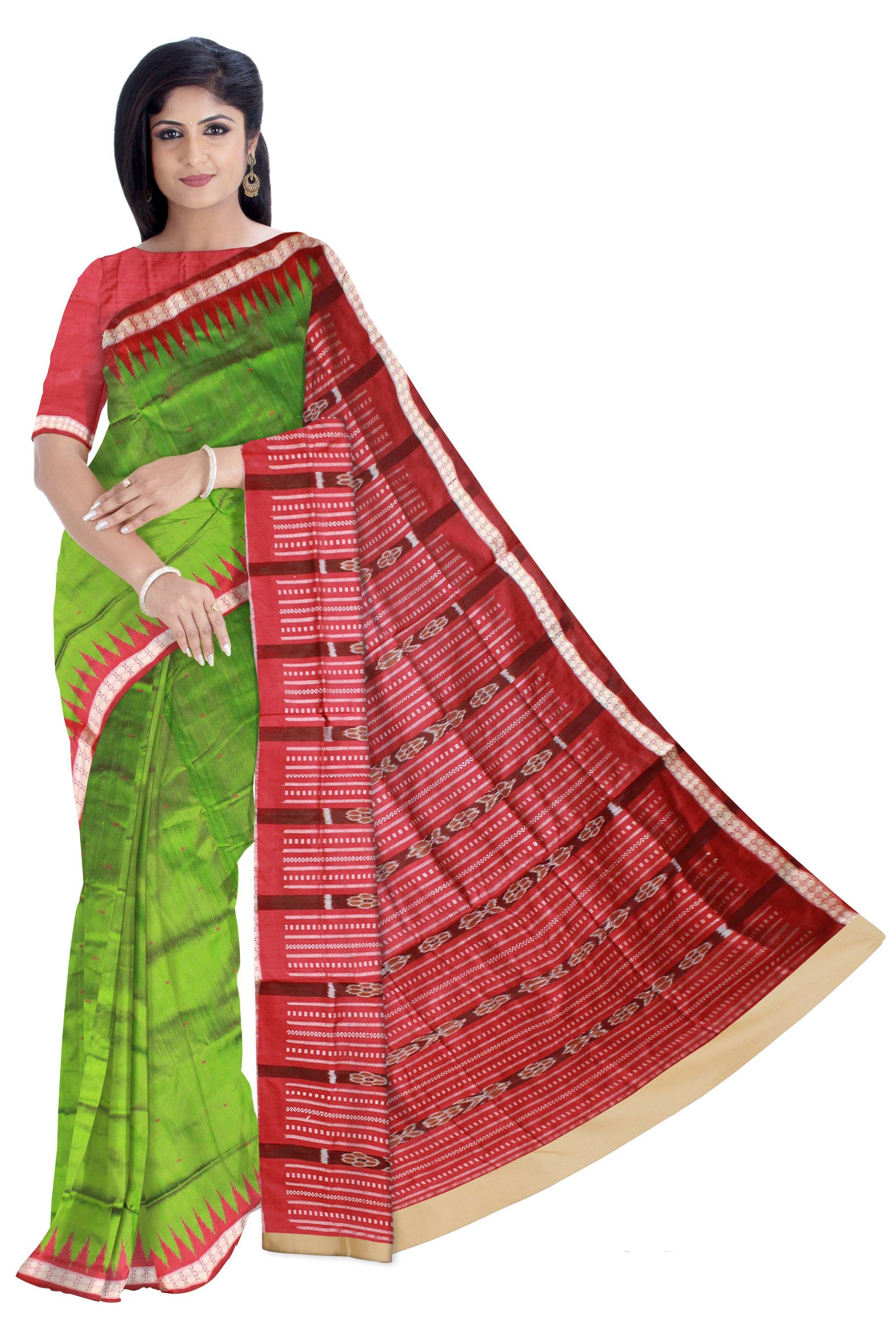 Green color Sambalpuri pata saree with blouse piece - Koshali Arts & Crafts Enterprise
