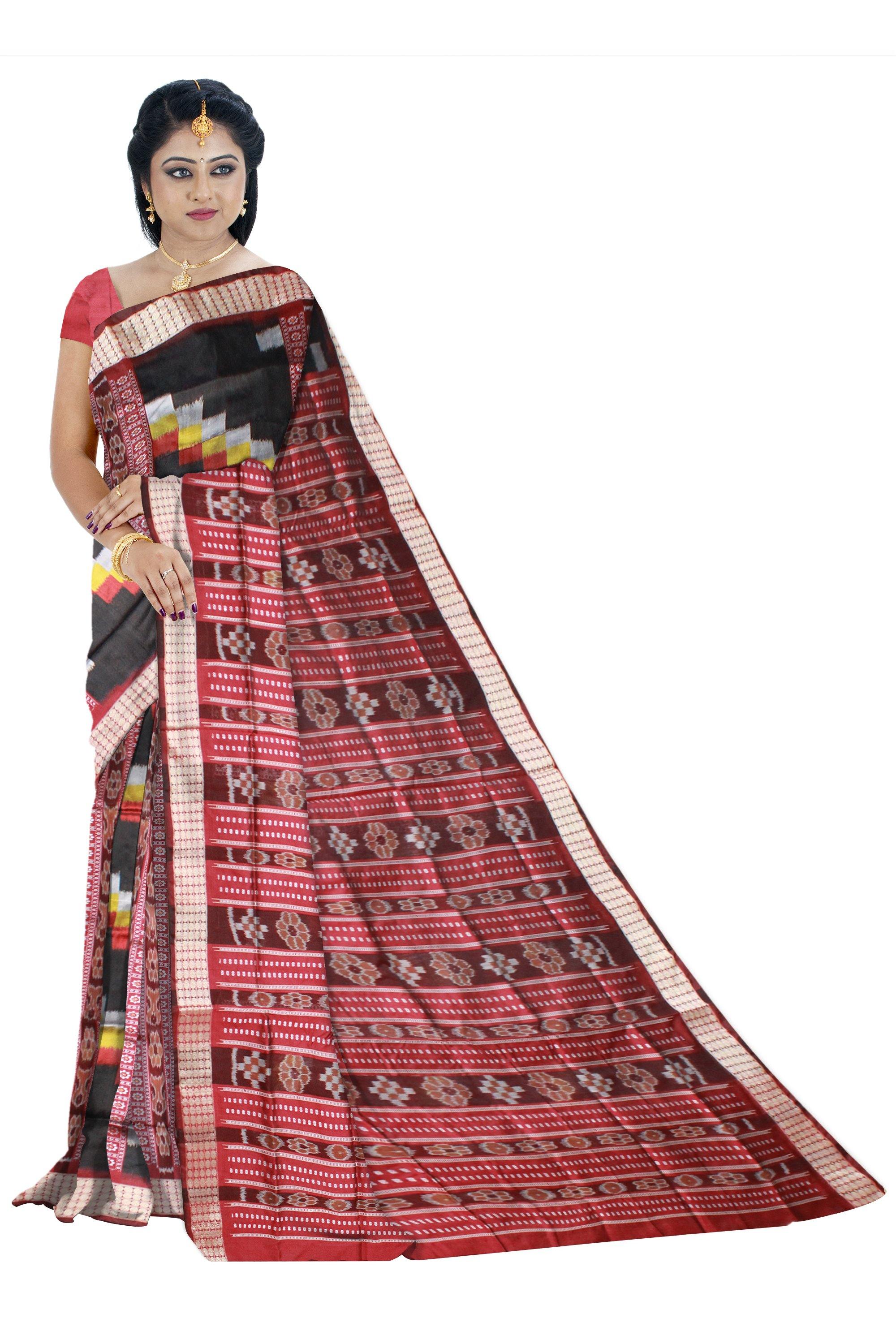 Black color zigzag pattern Sambalpuri pata saree with blouse piece - Koshali Arts & Crafts Enterprise