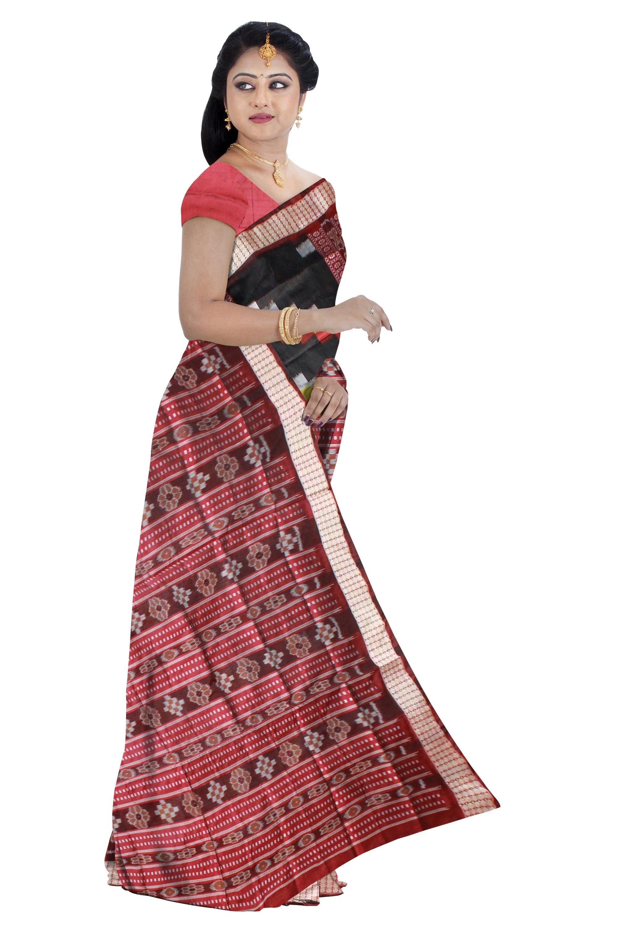 Black color zigzag pattern Sambalpuri pata saree with blouse piece - Koshali Arts & Crafts Enterprise