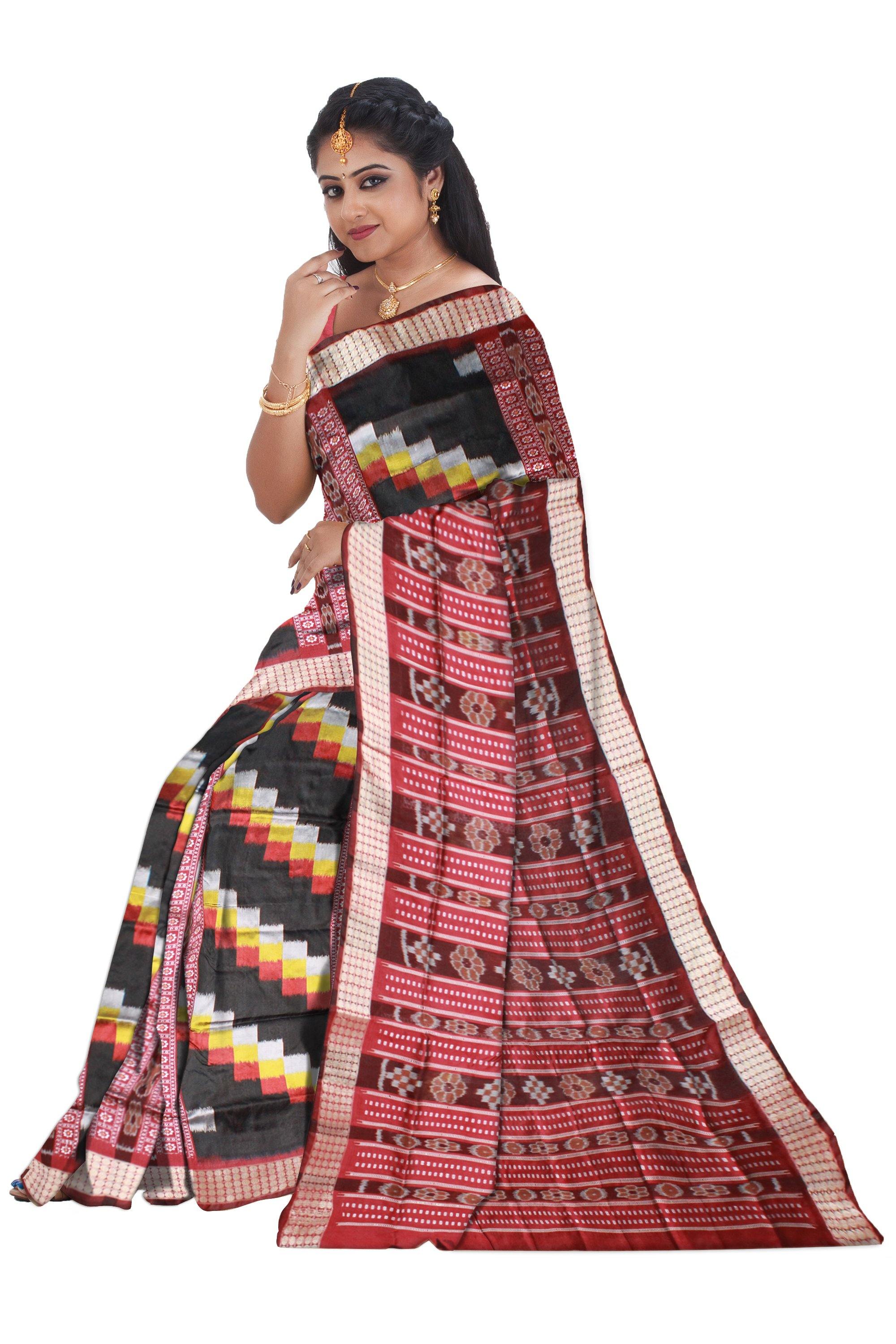 Black color zigzag pattern Sambalpuri pata saree with blouse piece - Koshali Arts & Crafts Enterprise