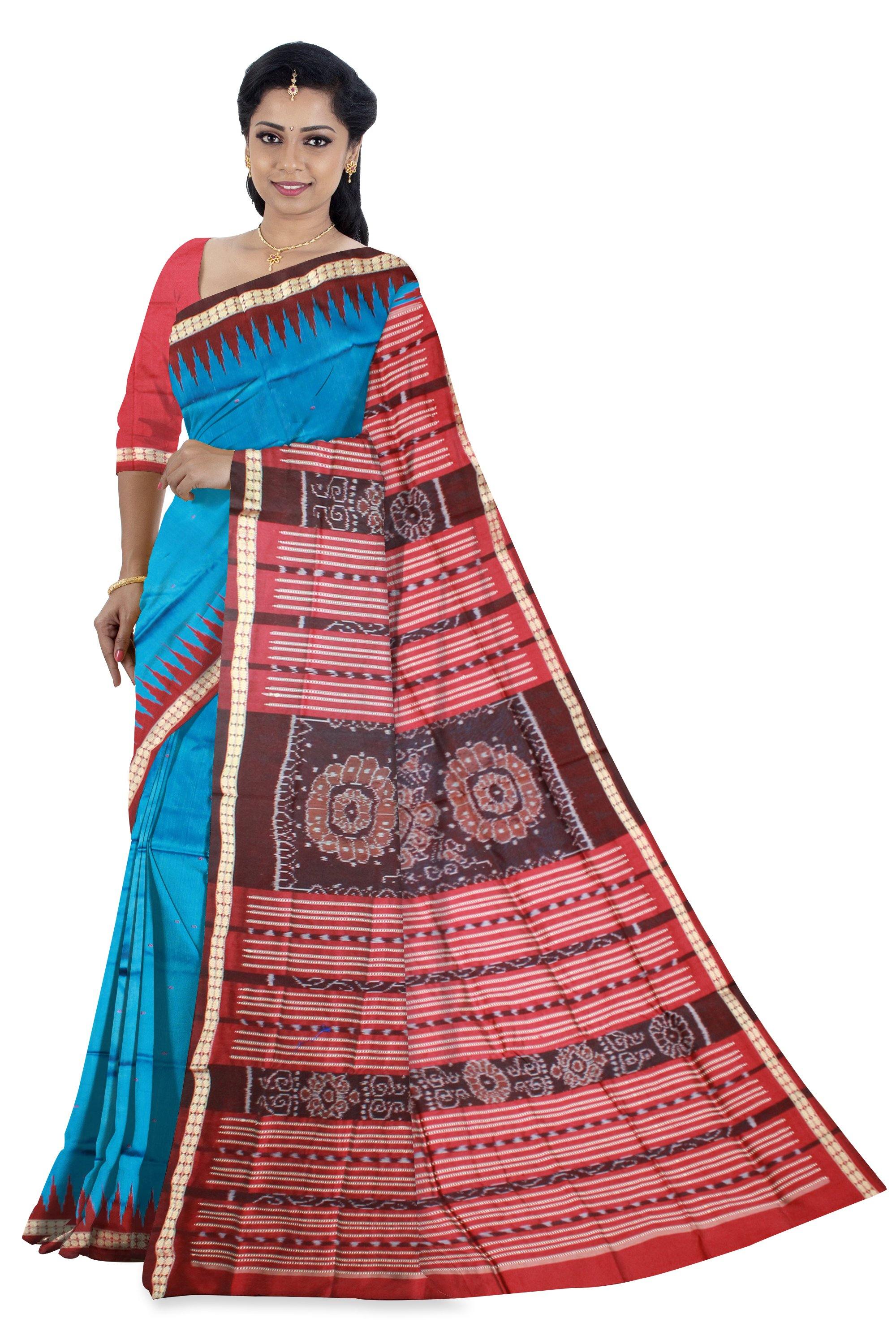 Blue color Sambalpuri Mix-pata saree with blouse piece - Koshali Arts & Crafts Enterprise