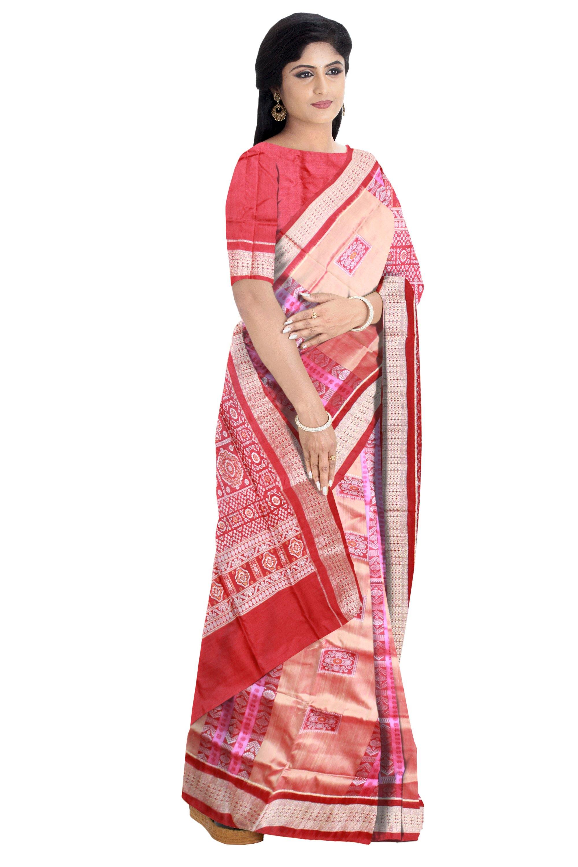Peach and pink lining bomkei pata saree with blouse piece. - Koshali Arts & Crafts Enterprise