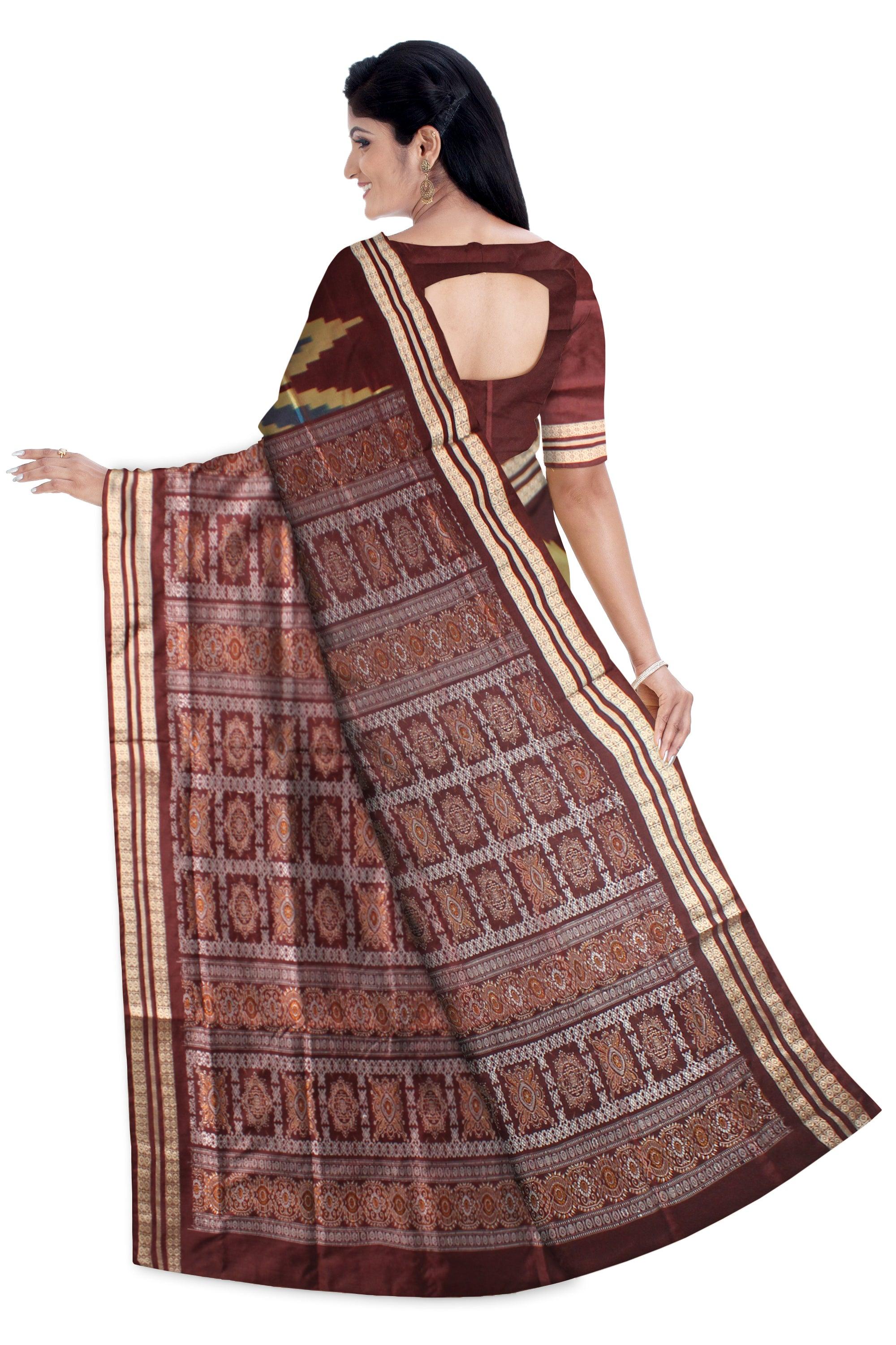 Big ikat design brown and Lightblue colour sambalpuri bomkei pata saree with blous piece. - Koshali Arts & Crafts Enterprise