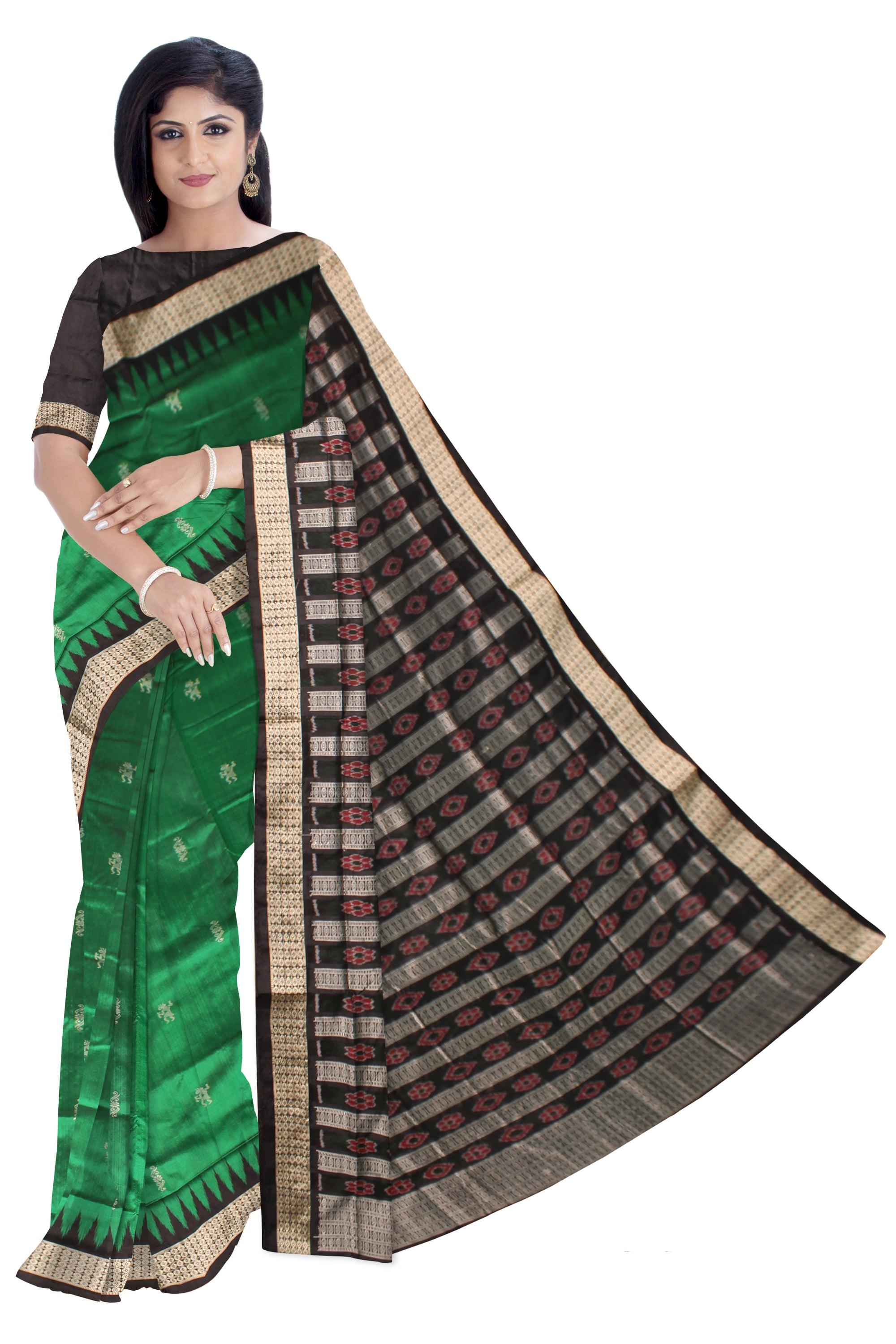 Sambalpuri Pata Saree in  Green Color in botty  design with Black Border with blouse piece. - Koshali Arts & Crafts Enterprise