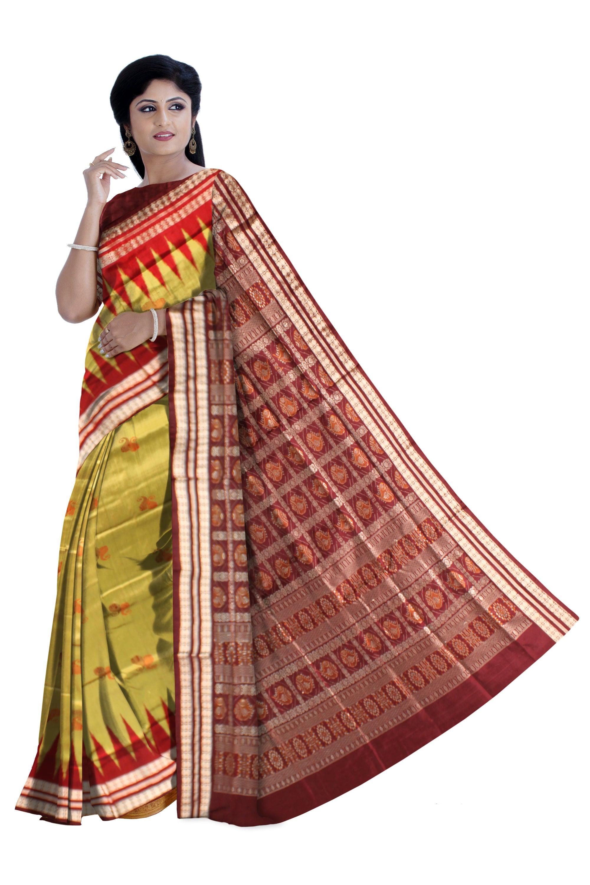 Sambalpuri Pata Saree in Light Green and Maroon color Kumbha design in the Border with blouse piece. - Koshali Arts & Crafts Enterprise