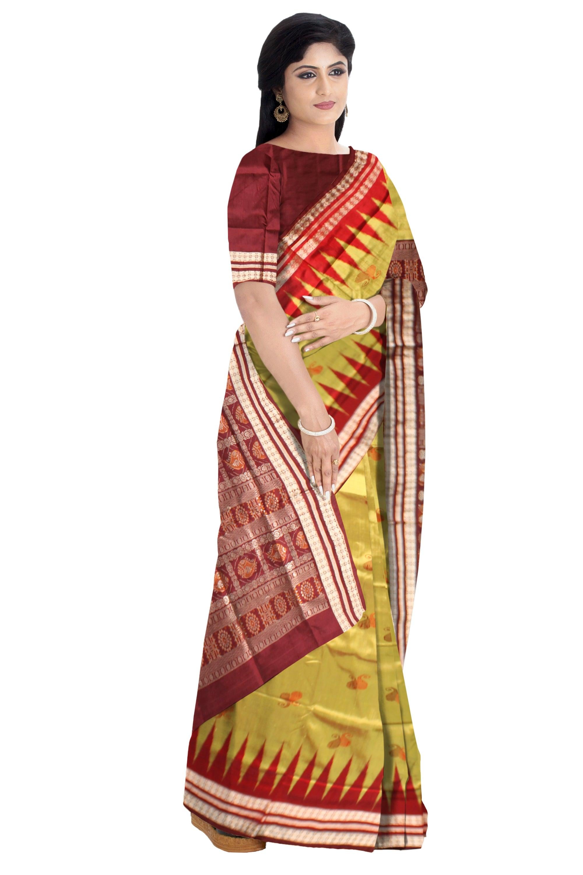 Sambalpuri Pata Saree in Light Green and Maroon color Kumbha design in the Border with blouse piece. - Koshali Arts & Crafts Enterprise