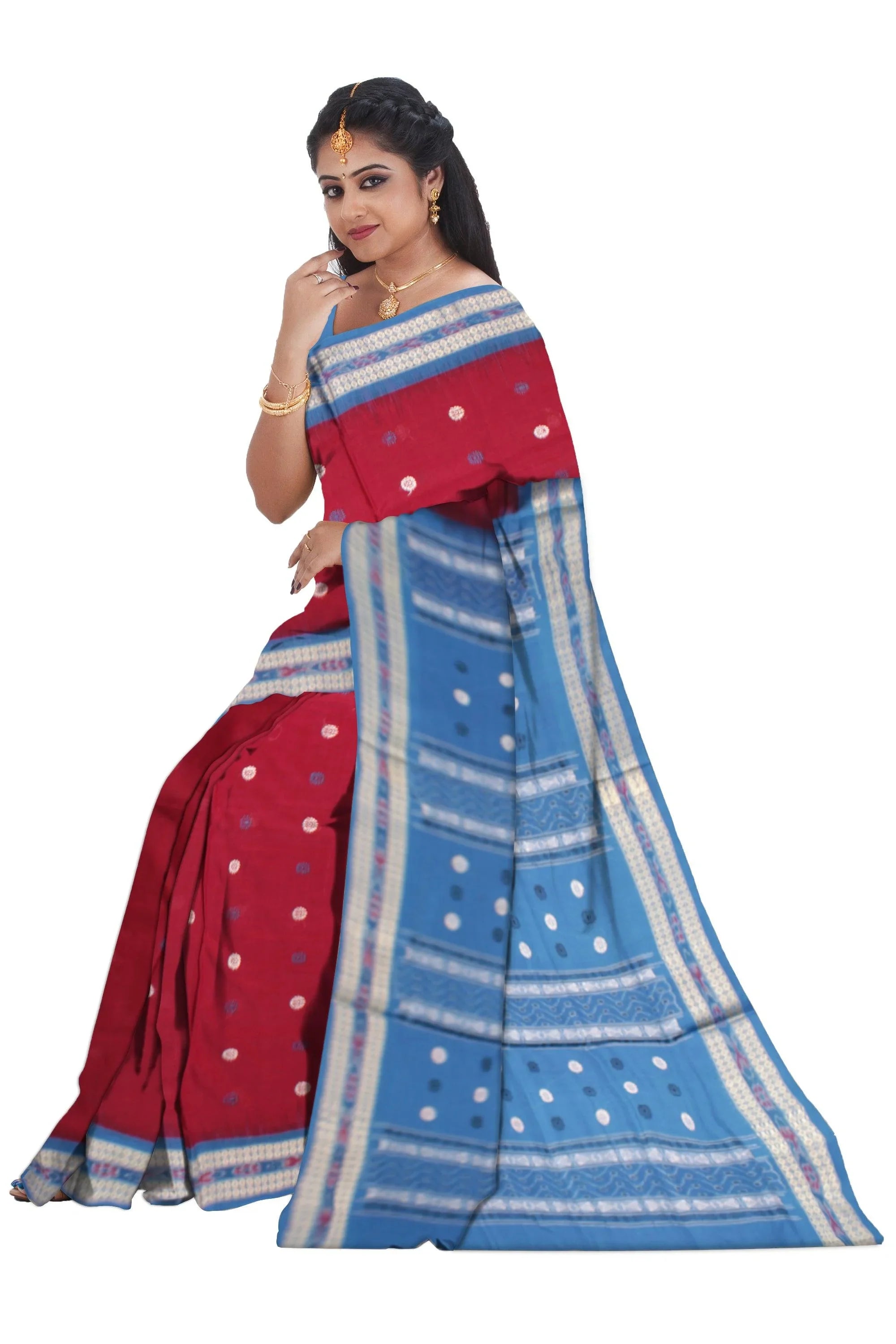 Dark Pink color Sambalpuri Cotton Saree in buti pattern with blouse piece. - Koshali Arts & Crafts Enterprise