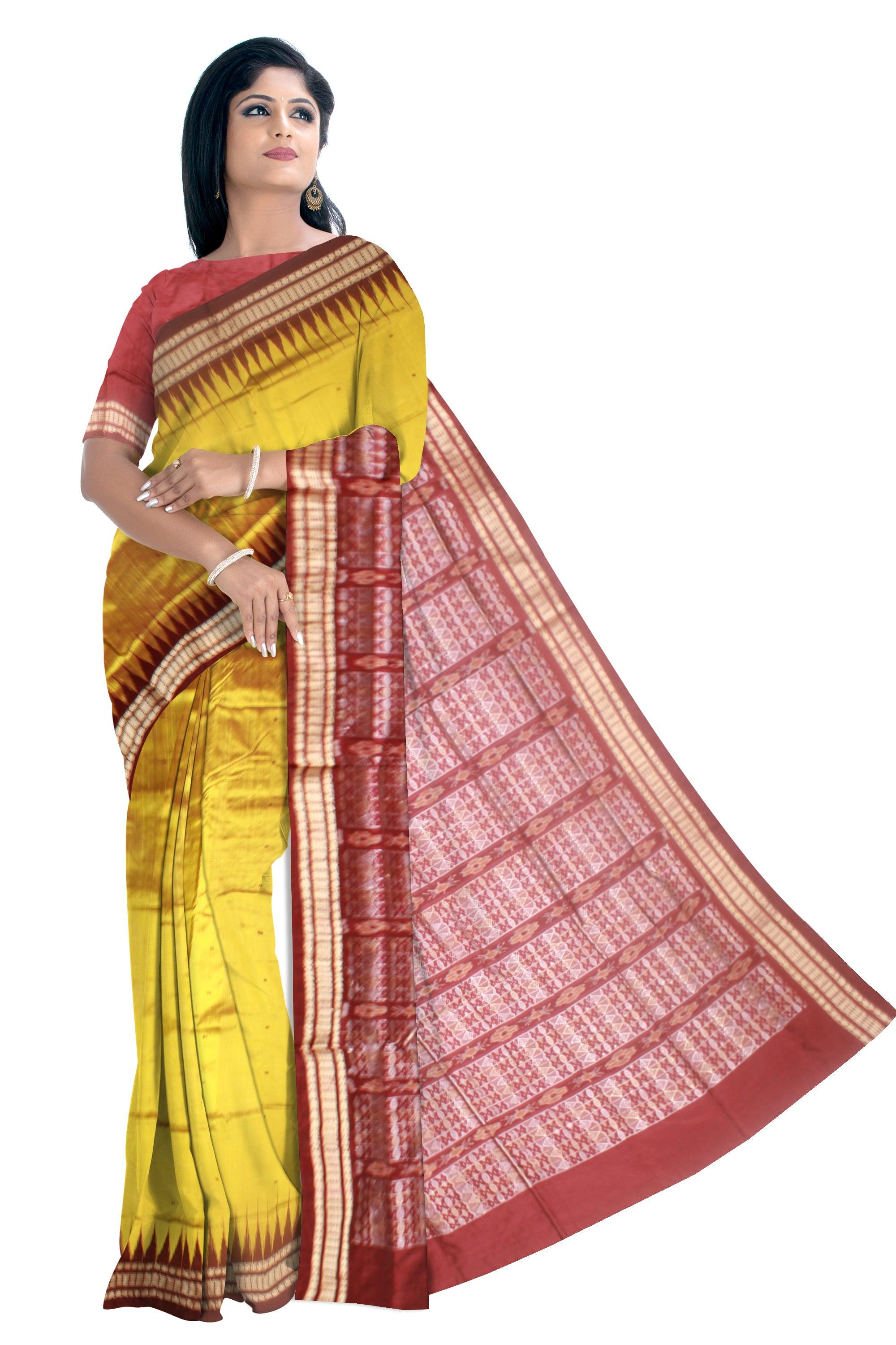 Sambalpuri Pata Saree in yellow color plain bomkei Design with blouse piece. - Koshali Arts & Crafts Enterprise