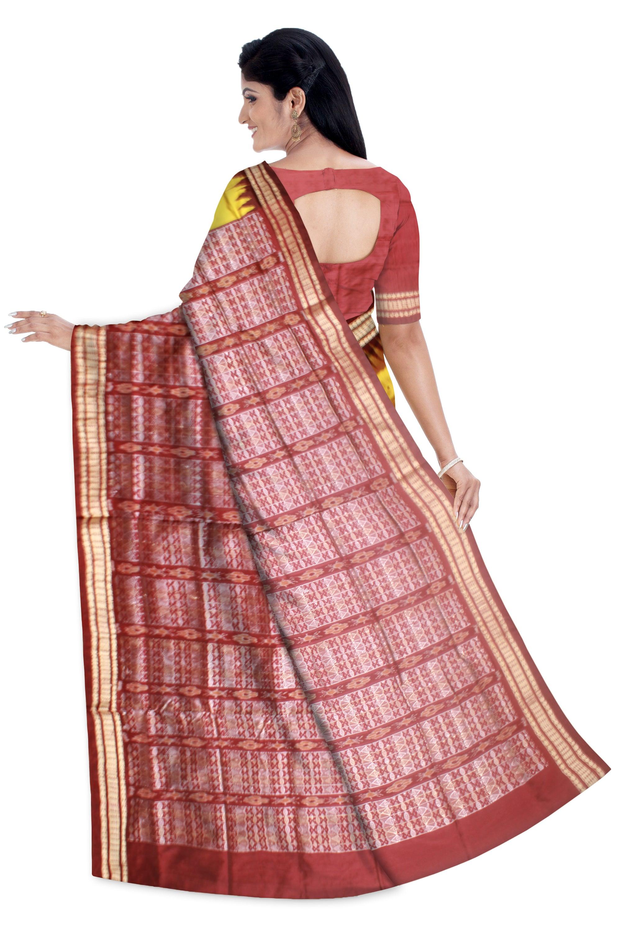 Sambalpuri Pata Saree in yellow color plain bomkei Design with blouse piece. - Koshali Arts & Crafts Enterprise