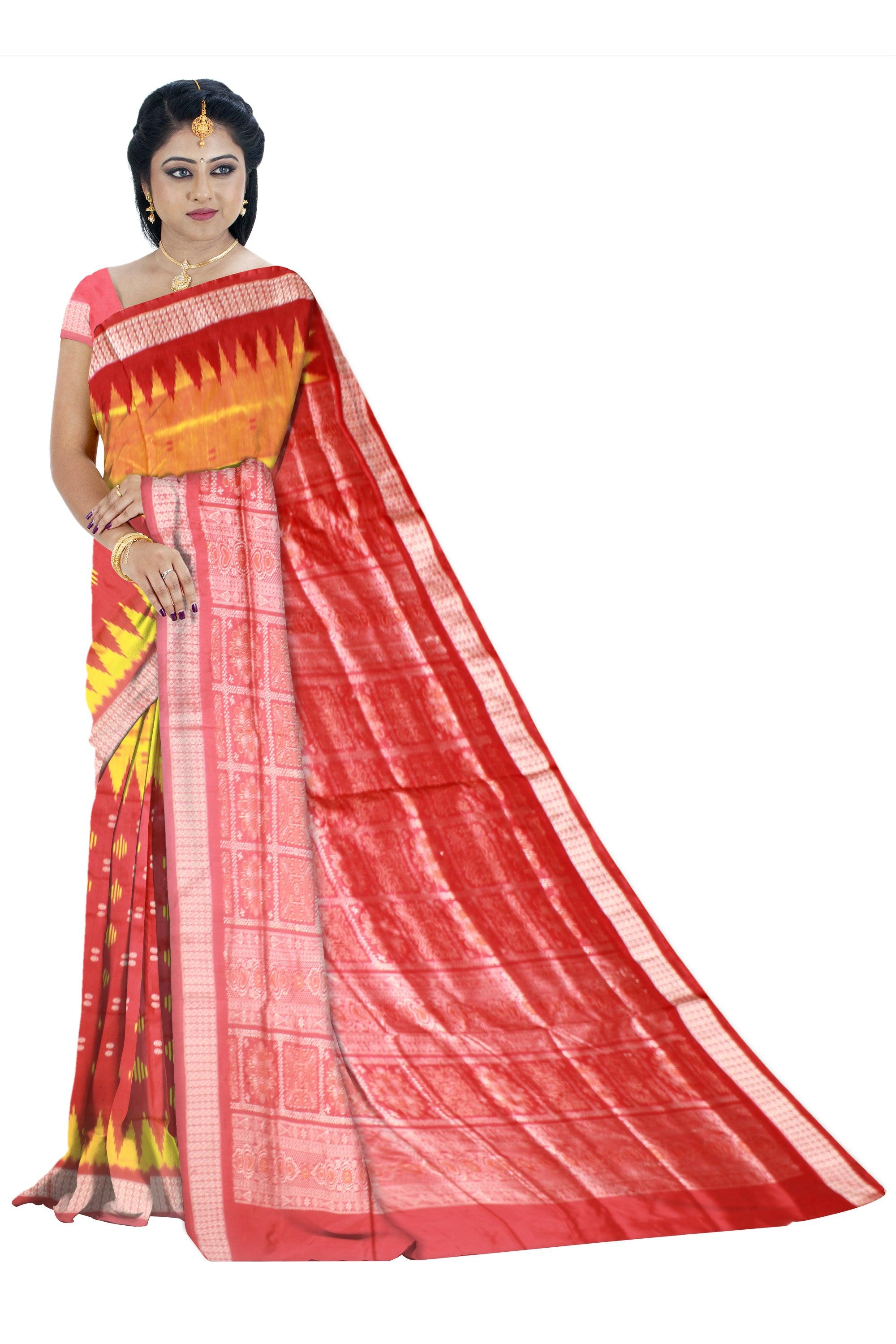 Latest  design Yellow and Red colour Sambalpuri bomkei pata saree with blouse piece. - Koshali Arts & Crafts Enterprise
