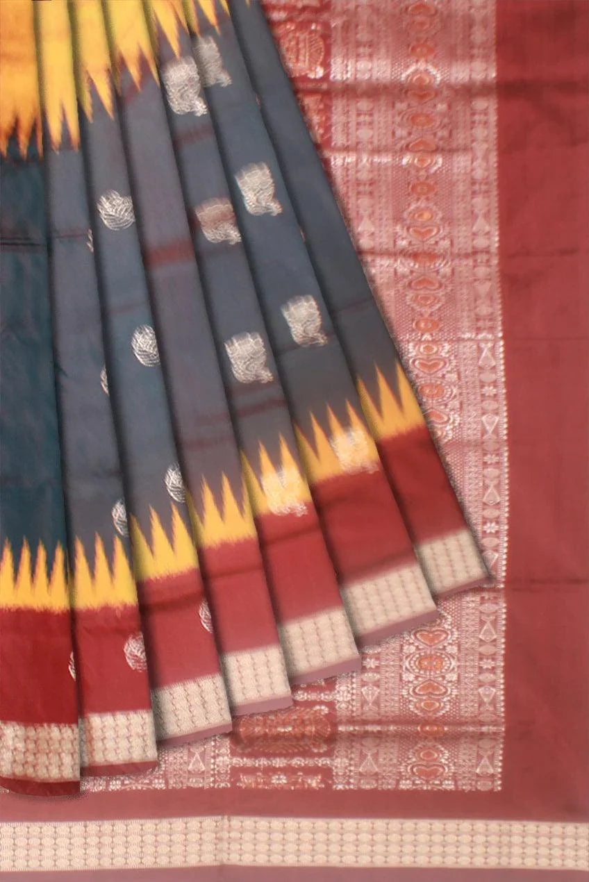 Sambalpuri Bomkei pata Saree in Yellow and dark Blue Color in botty design with Brown Border with blouse piece. - Koshali Arts & Crafts Enterprise