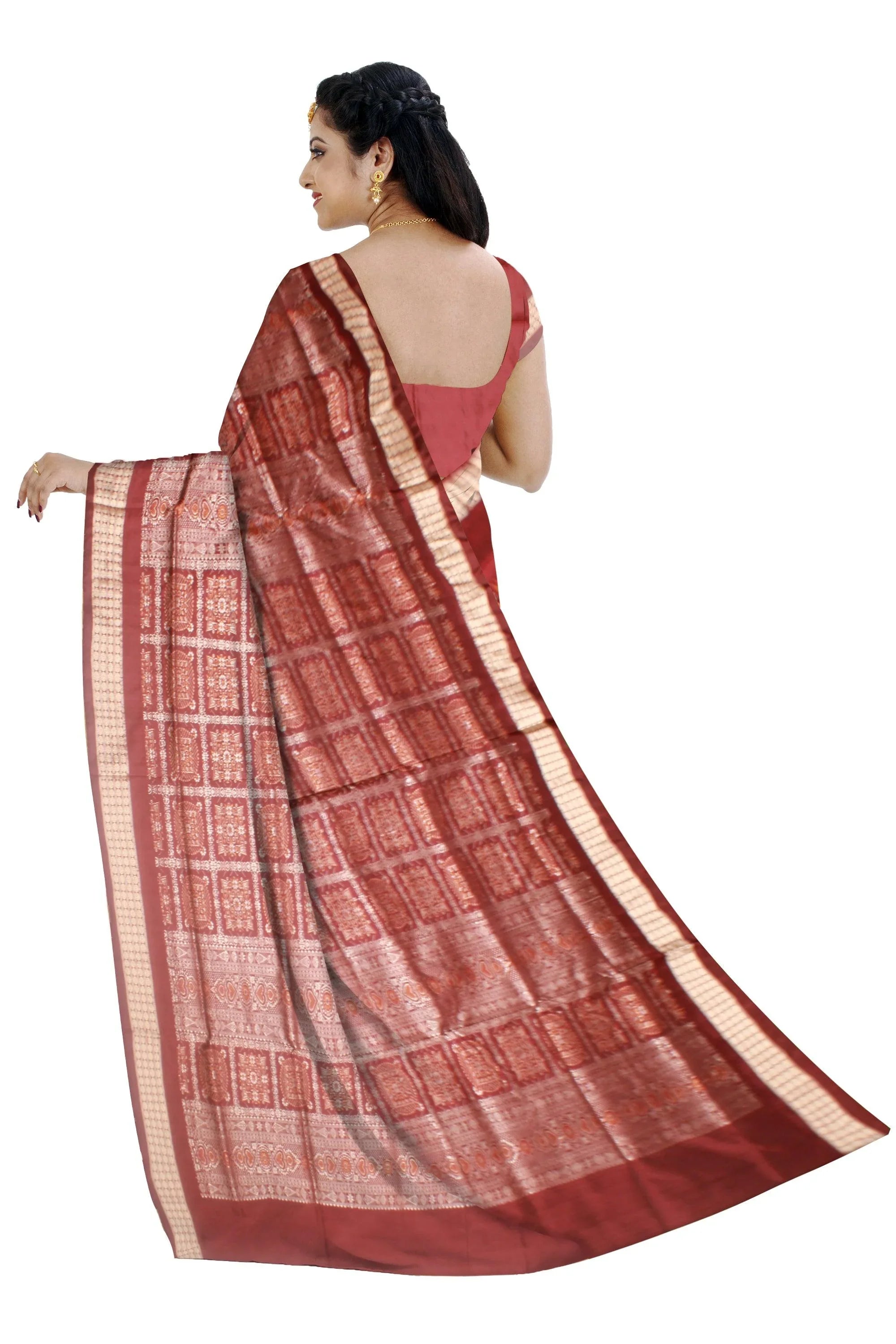Sambalpuri Bomkei pata Saree in Yellow and dark Blue Color in botty design with Brown Border with blouse piece. - Koshali Arts & Crafts Enterprise