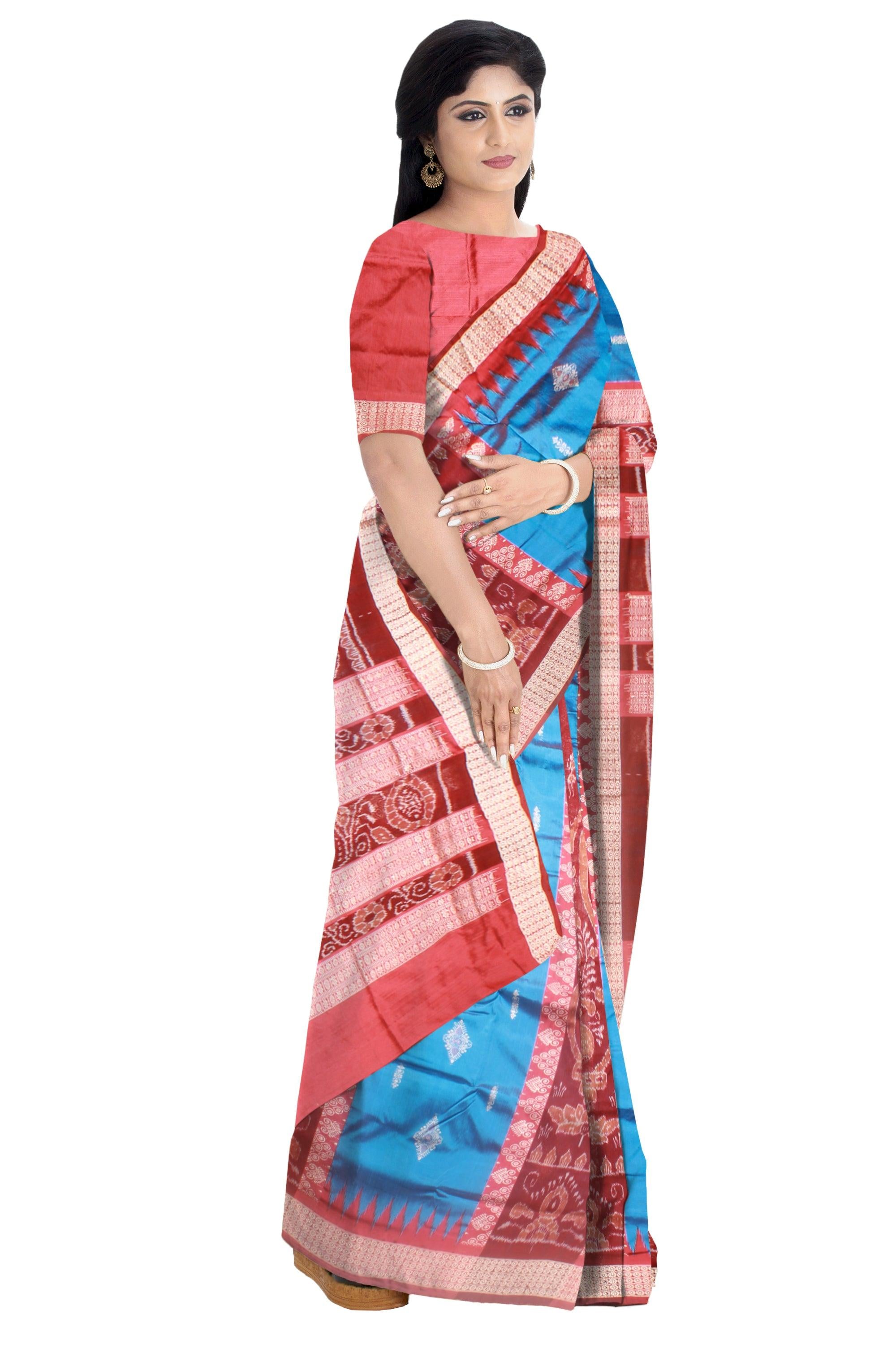 Sambalpuri Bomkei Pata Saree in  Brown and sky colour in booty flower design with maroon Border with blouse piece. - Koshali Arts & Crafts Enterprise