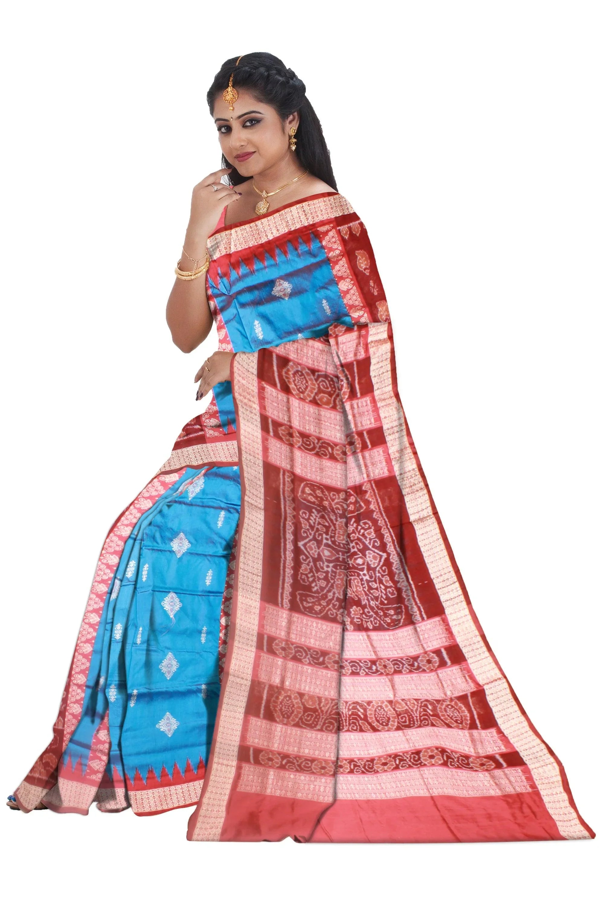 Sambalpuri Bomkei Pata Saree in Brown and sky colour in booty flower design with maroon Border with blouse piece. - Koshali Arts & Crafts Enterprise