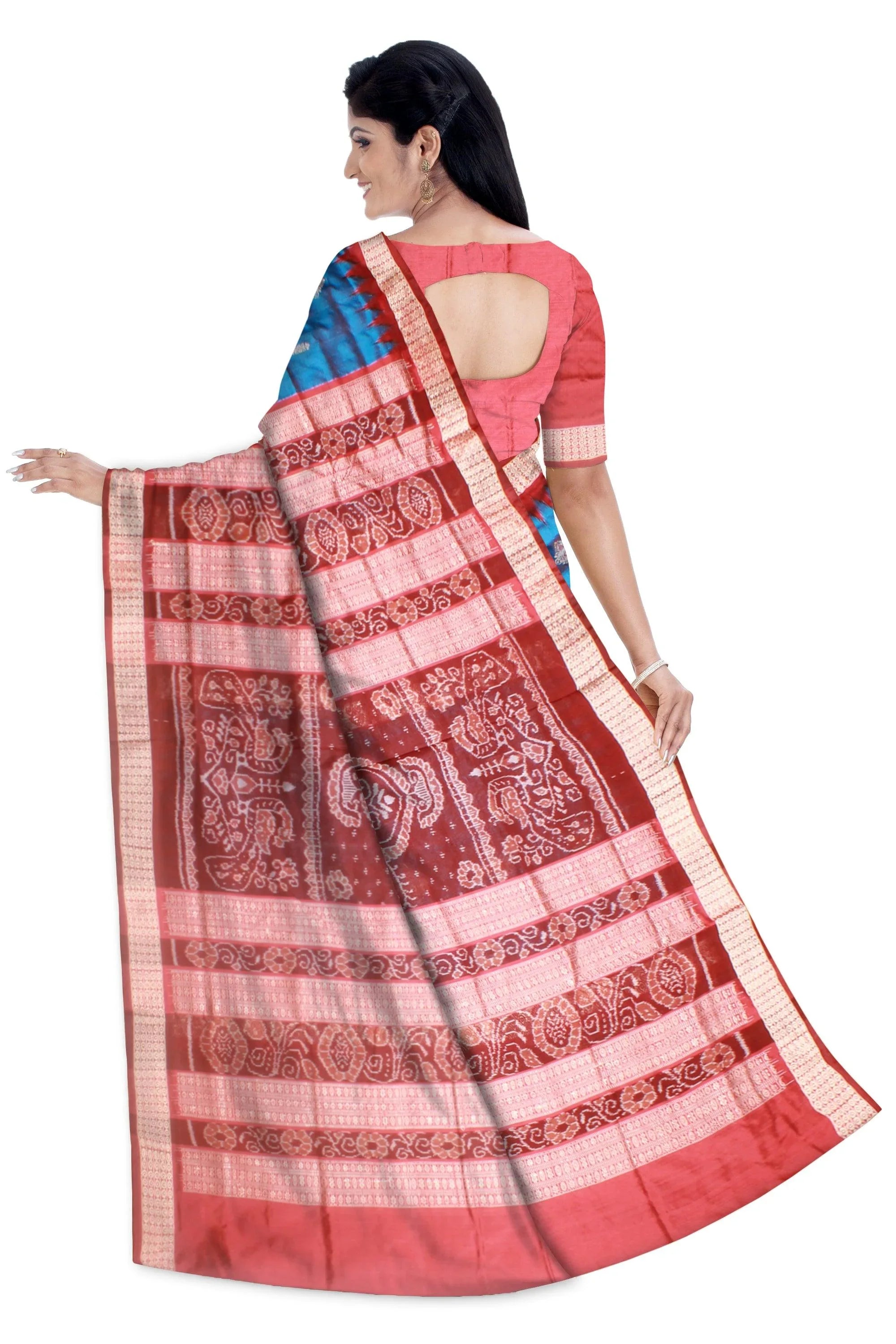 Sambalpuri Bomkei Pata Saree in Brown and sky colour in booty flower design with maroon Border with blouse piece. - Koshali Arts & Crafts Enterprise