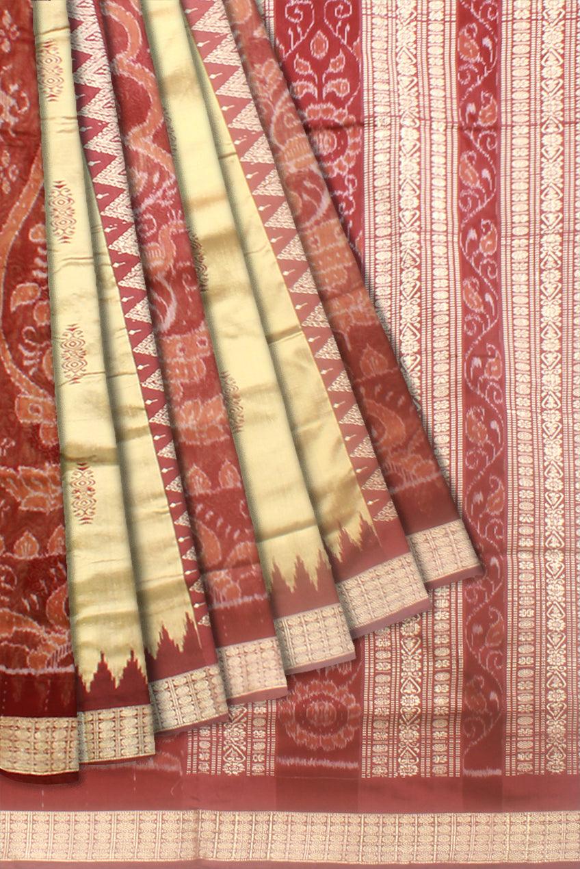 Sambalpuri Bomkei Pata Saree in  Maroon and Gheee colour in body booty flower or sankh  design   with blouse piece. - Koshali Arts & Crafts Enterprise