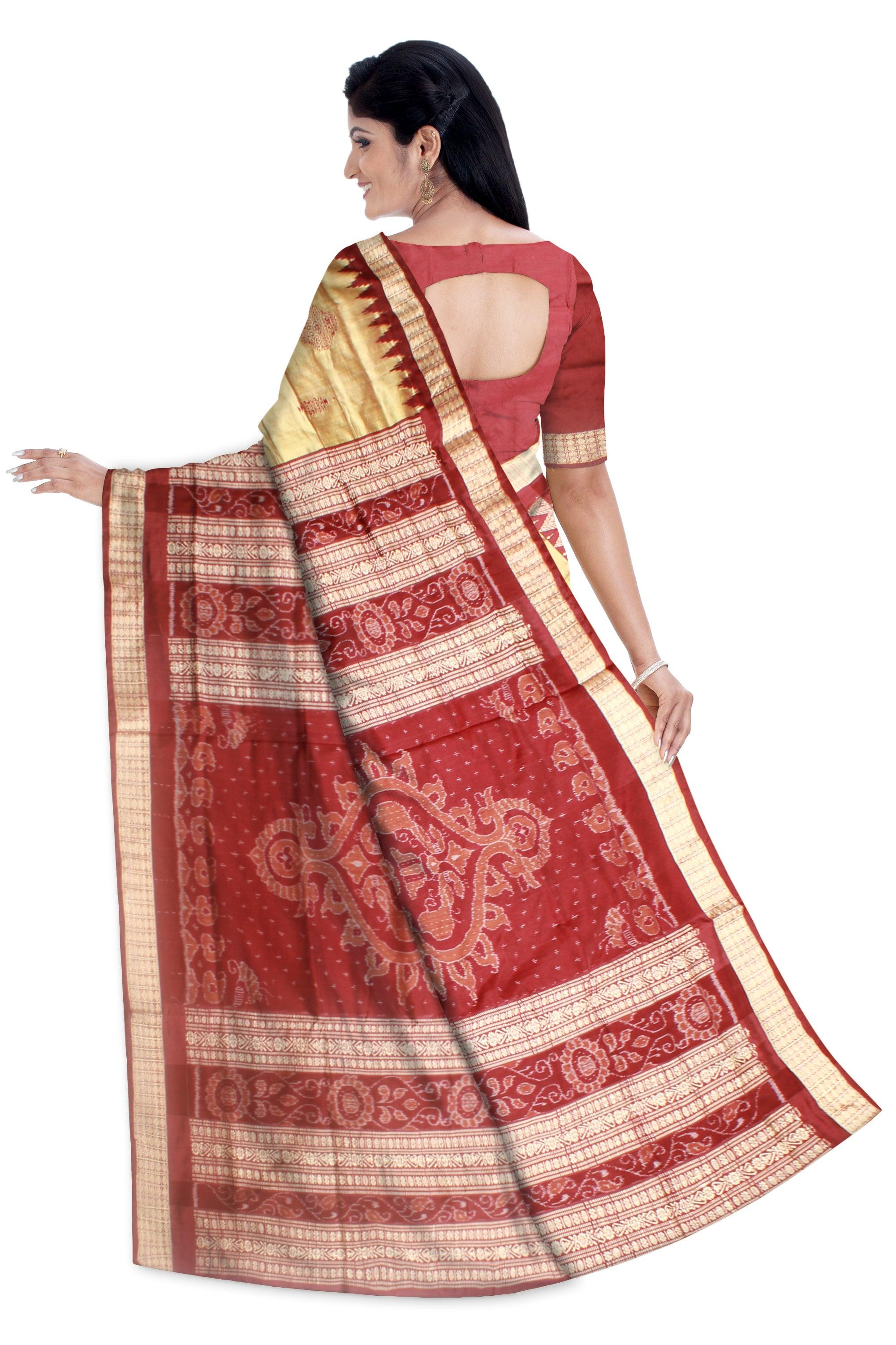 Sambalpuri Bomkei Pata Saree in  Maroon and Gheee colour in body booty flower or sankh  design   with blouse piece. - Koshali Arts & Crafts Enterprise