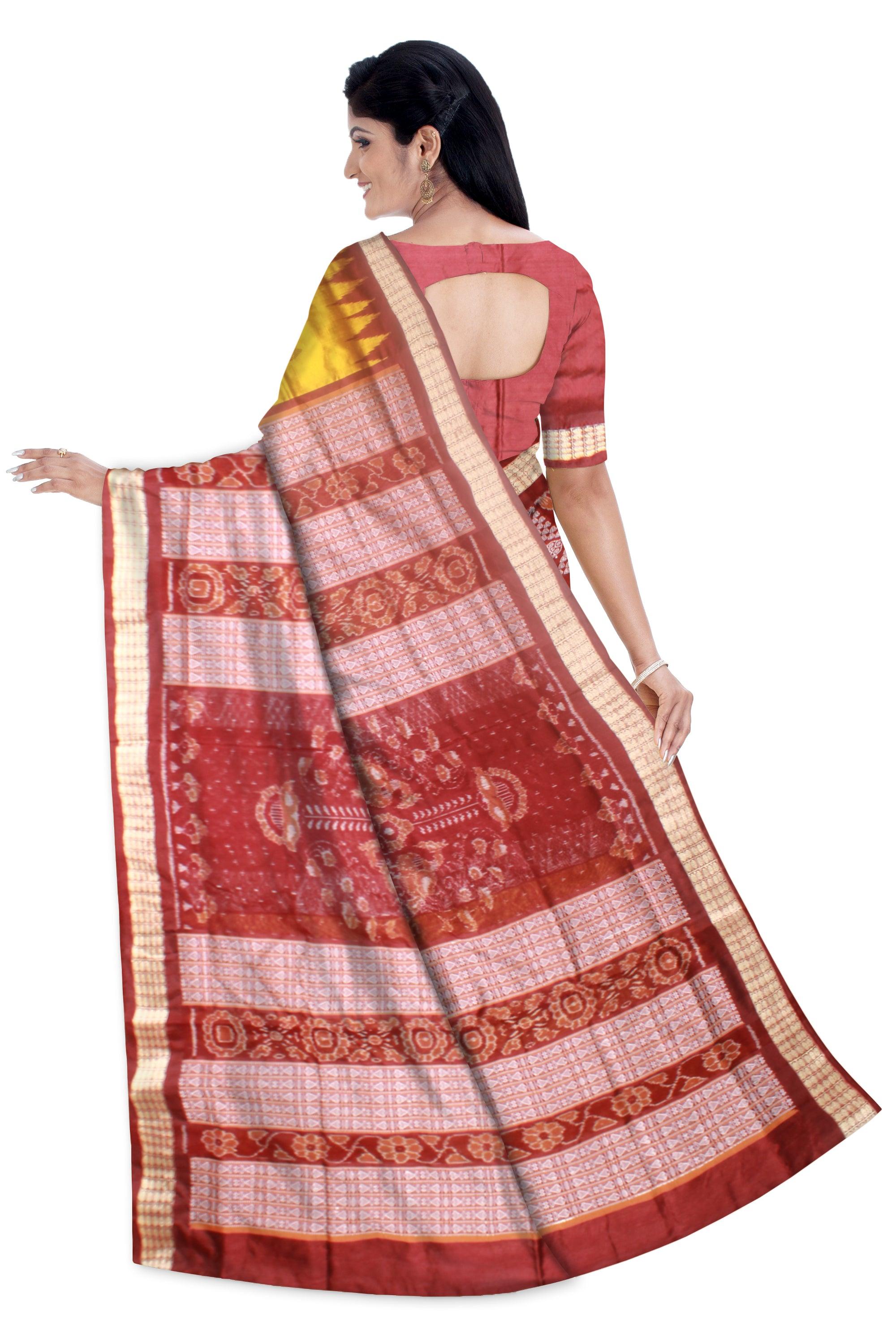 Yellow color Pata Saree with Maroon Border and Bomkai work in Body with blouse piece. - Koshali Arts & Crafts Enterprise