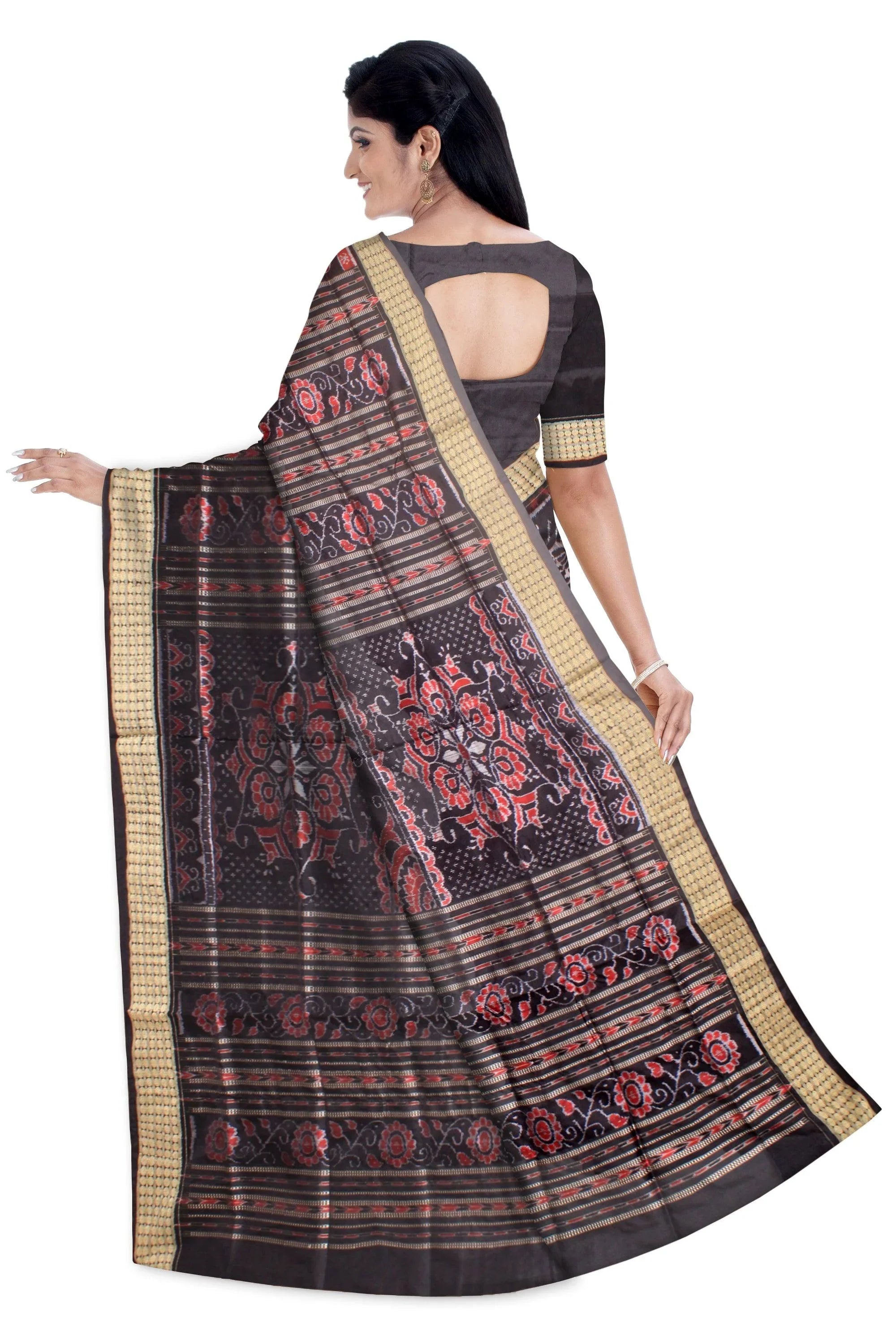 Sambalpuri Pata Saree in Black and Maroon color pallu new flower Design with blouse piece. - Koshali Arts & Crafts Enterprise