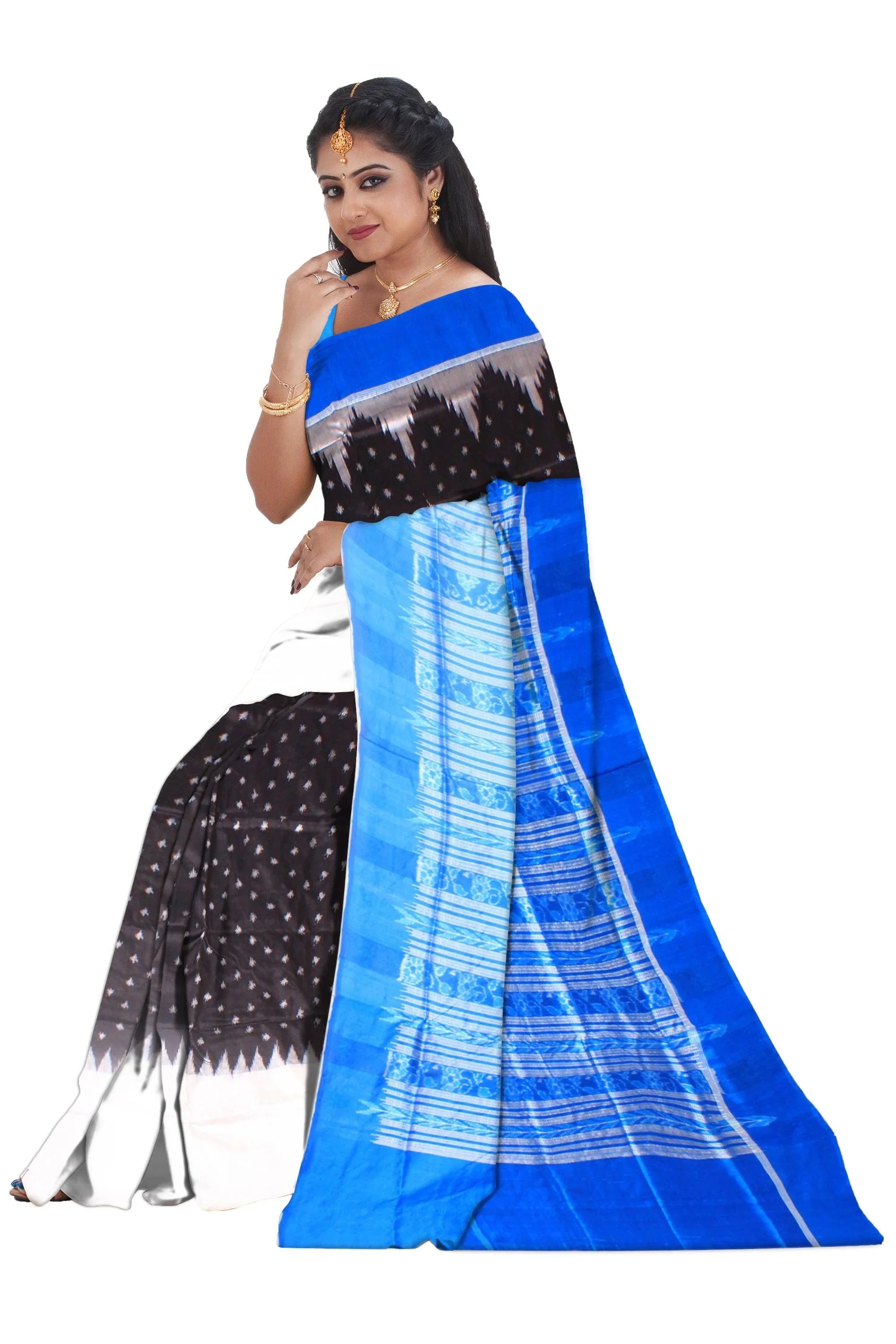 A Sambalpuri Pata saree in Black and green colour booty design body, with blous piece. - Koshali Arts & Crafts Enterprise