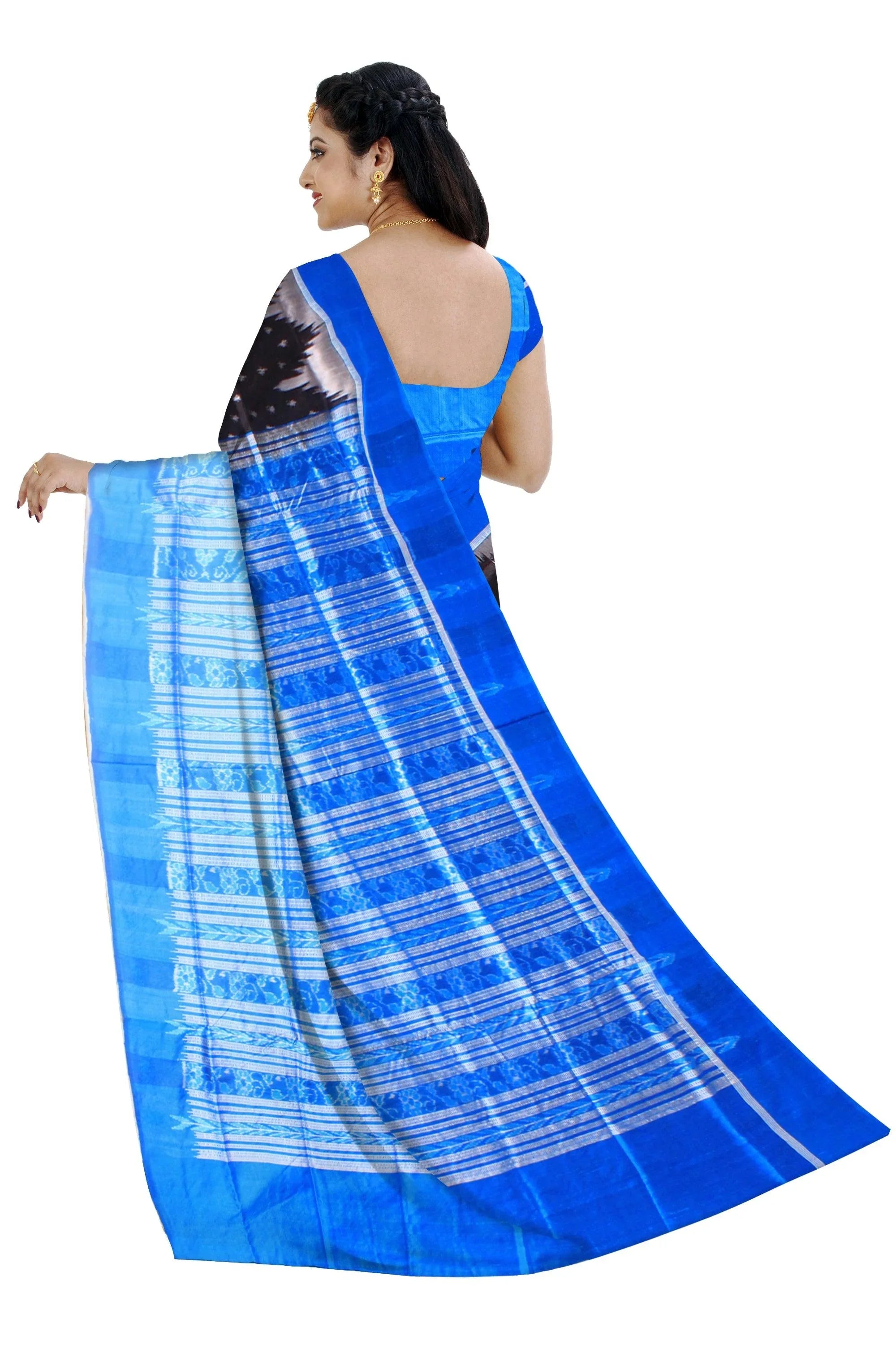 A Sambalpuri Pata saree in Black and green colour booty design body, with blous piece. - Koshali Arts & Crafts Enterprise