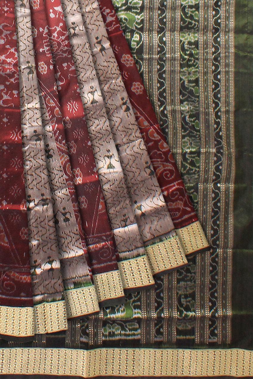 Maroon and gray color Bomkei Sambalpuri pata saree with blouse piece. - Koshali Arts & Crafts Enterprise