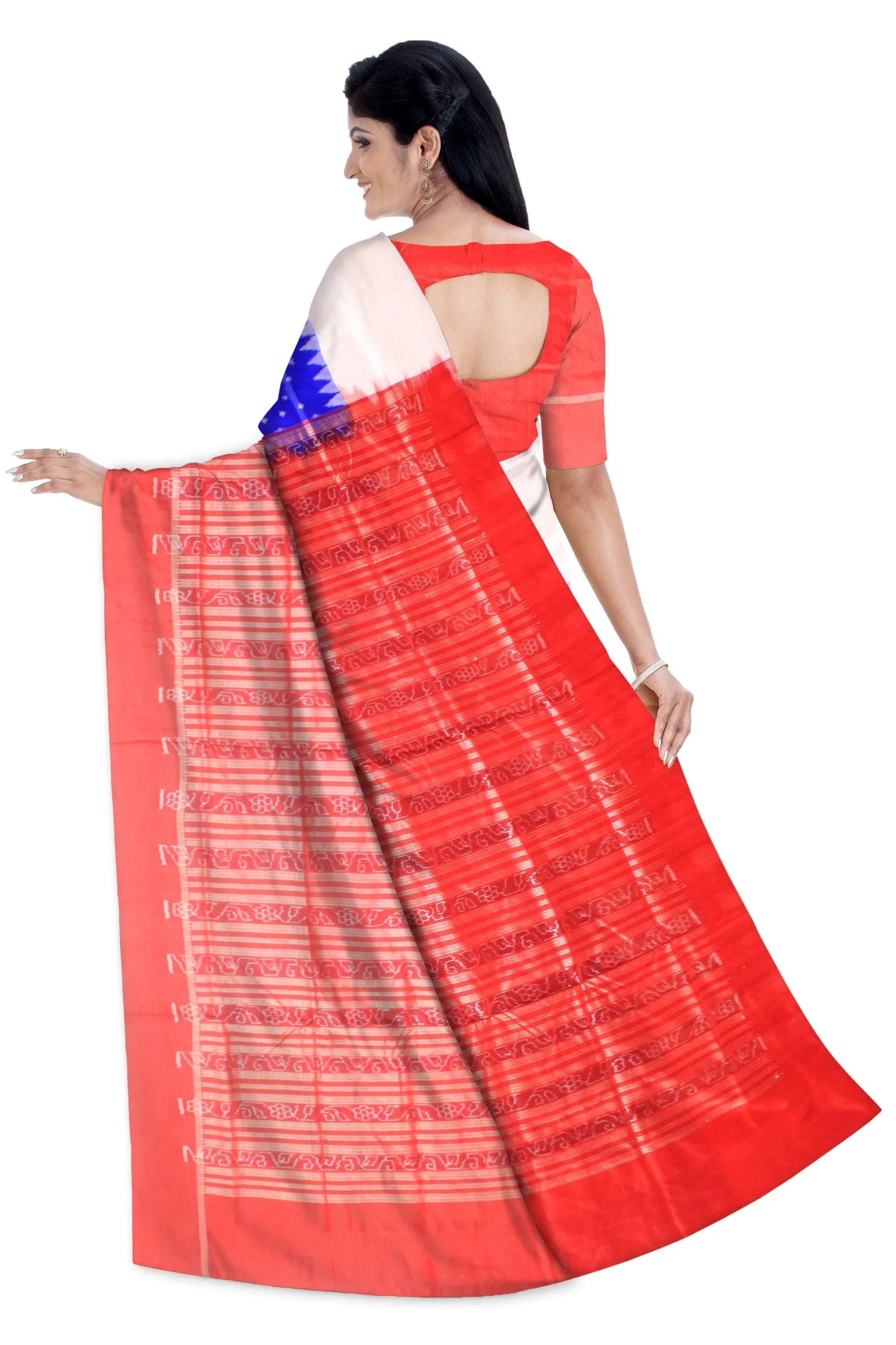 Sambalpuri pata saree in zig zag booty design body, Dark Blue color base with blouse piece. - Koshali Arts & Crafts Enterprise