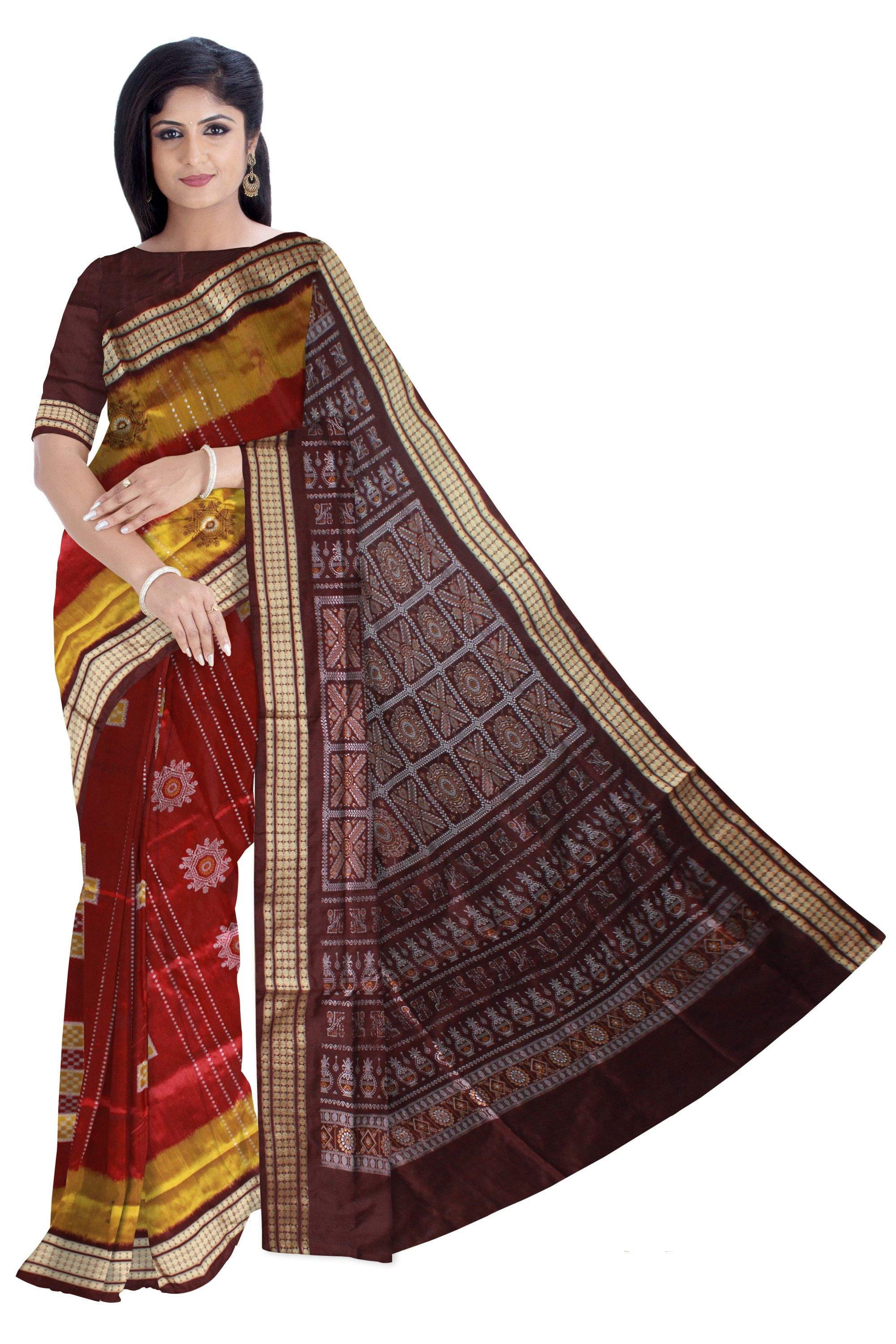 Maroon color Sapta print Pata saree with blouse piece - Koshali Arts & Crafts Enterprise