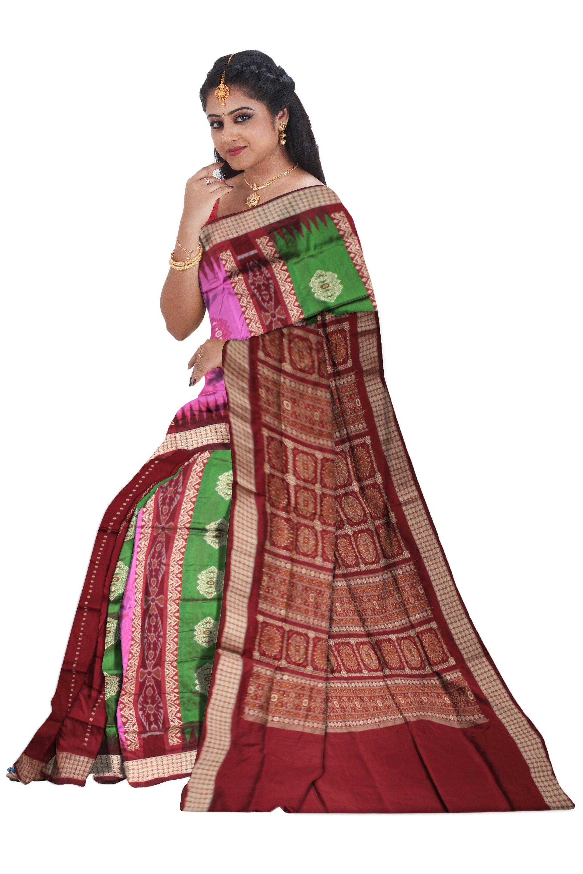 MAROON,GREEN AND PINK COLOR  PATLI PATA SAREE , WITH BLOUSE PIECE. - Koshali Arts & Crafts Enterprise