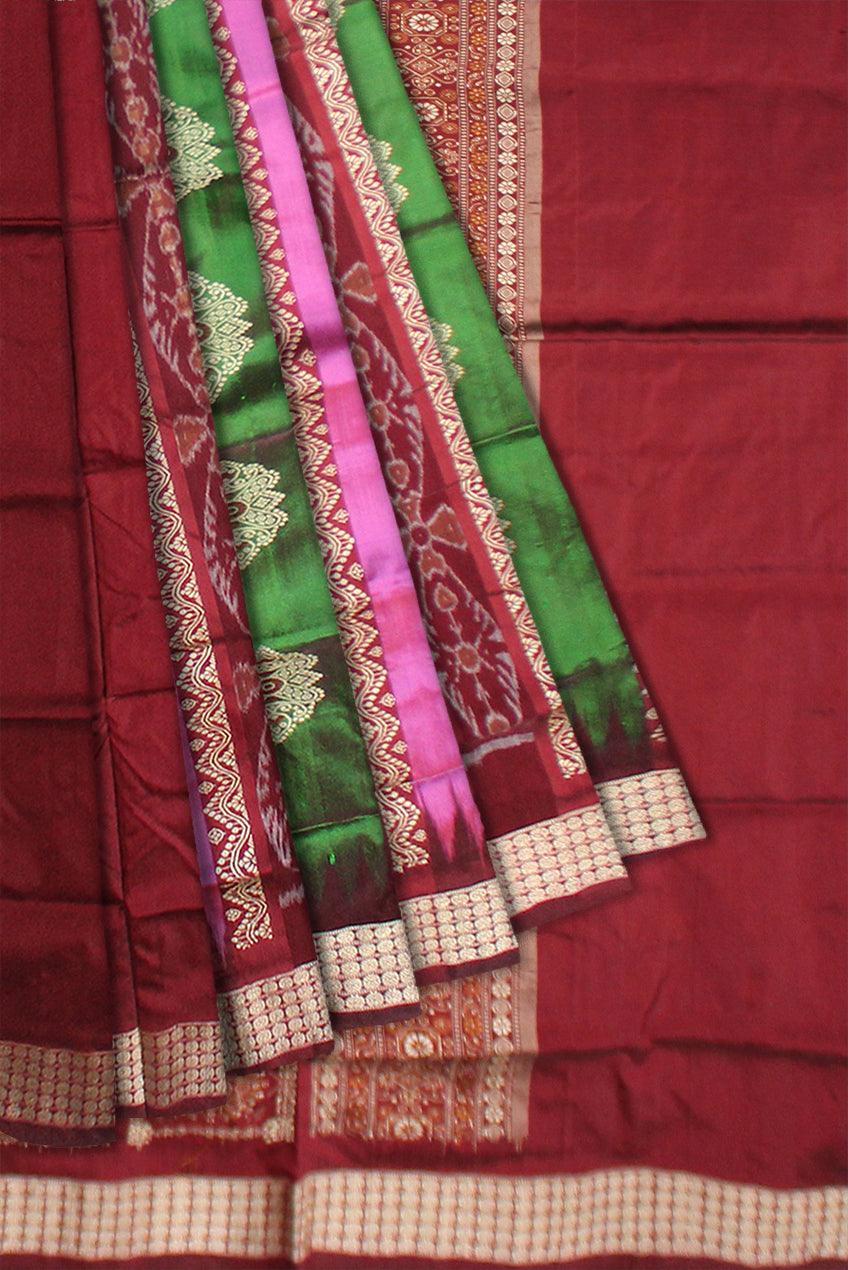 MAROON,GREEN AND PINK COLOR  PATLI PATA SAREE , WITH BLOUSE PIECE. - Koshali Arts & Crafts Enterprise