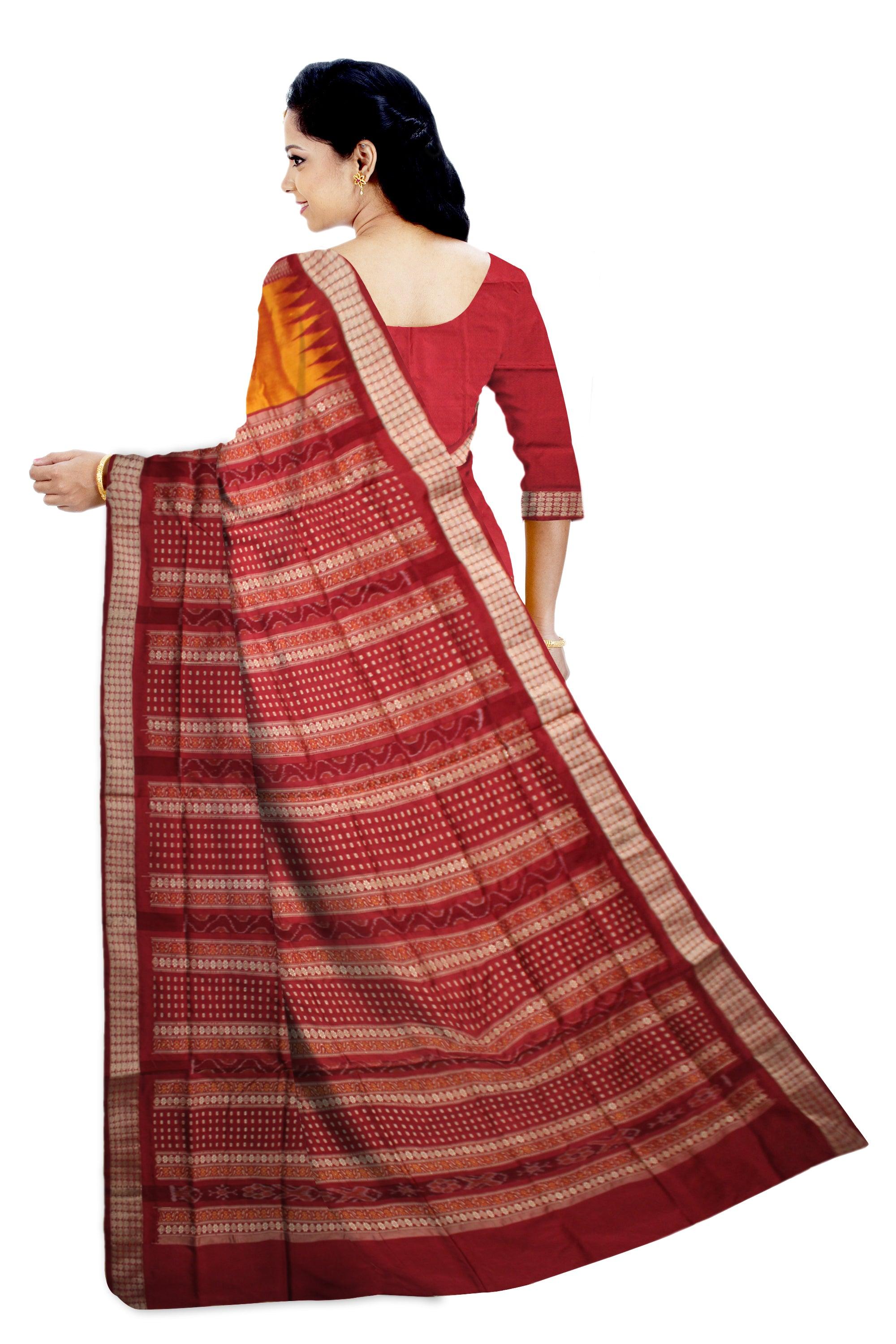 A PATLI PATA SAREE IN YELLOW,BLUE AND RED COLOR , ATTACHED WITH BLOUSE PIECE. - Koshali Arts & Crafts Enterprise