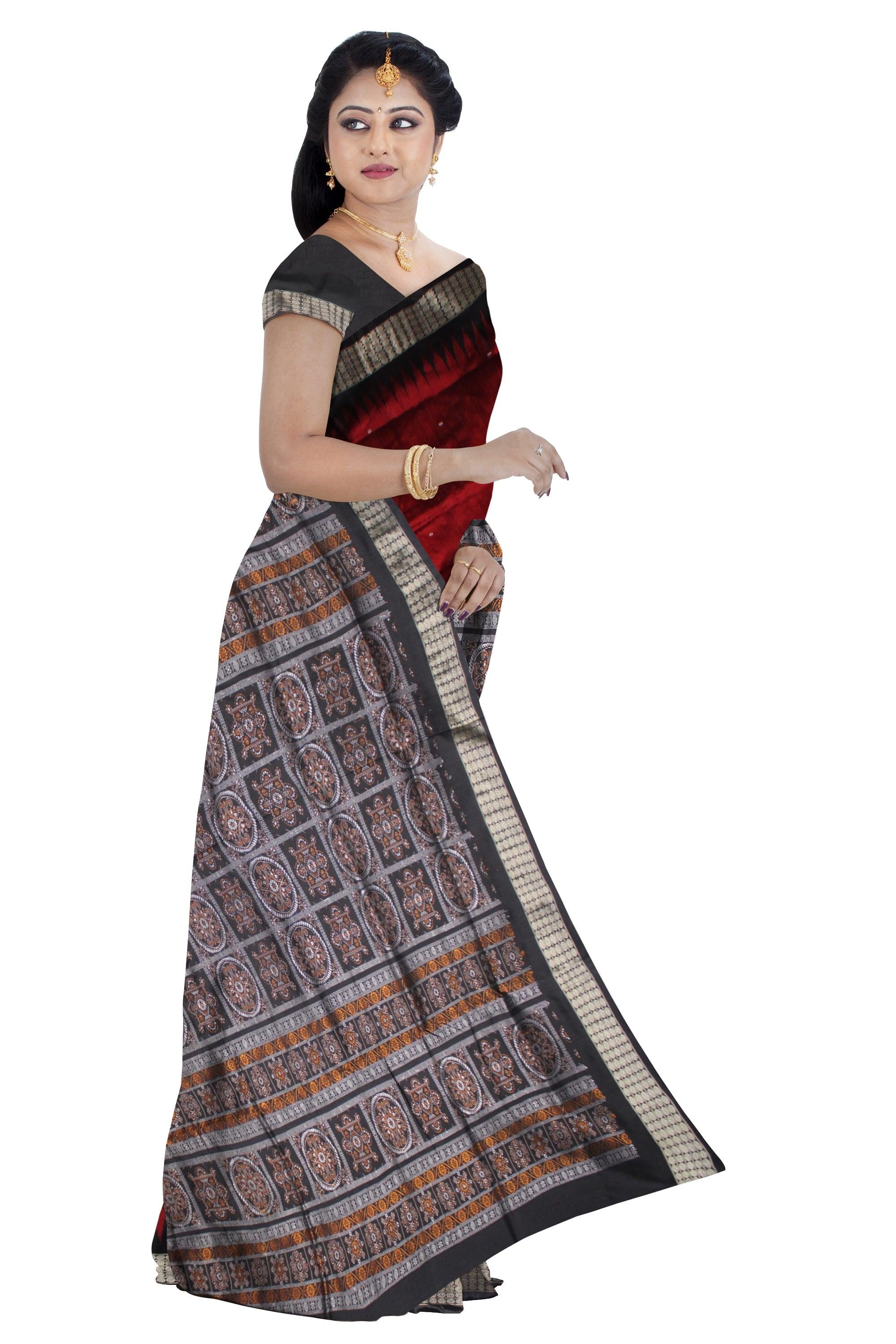 MAROON AND BLACK COLOR BOOTY PATTERN PATA SAREE, WITH PALLU NEW DESIGN BOMKEI PATTERN, AVAILABLE WITH BLOUSE PIECE. - Koshali Arts & Crafts Enterprise