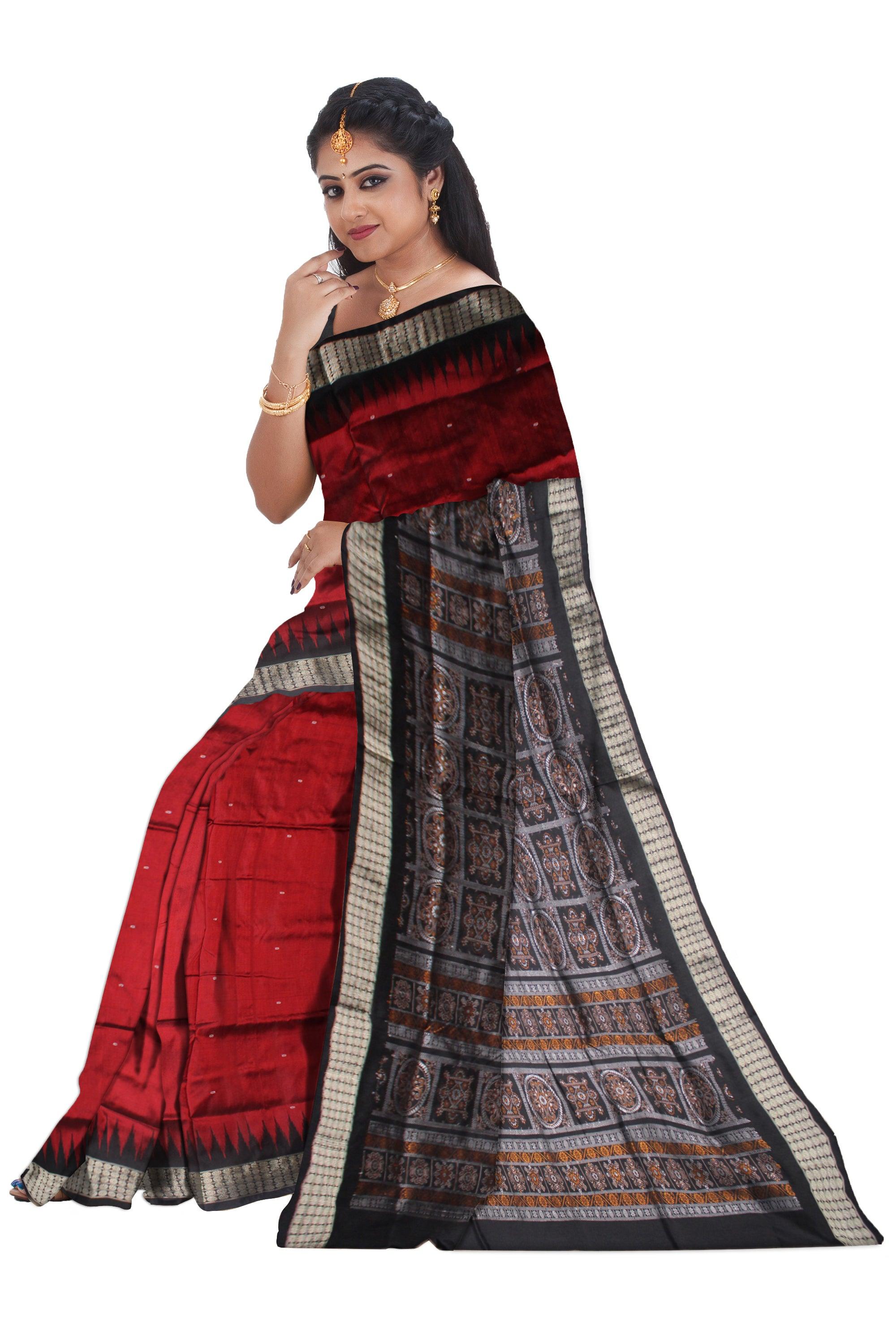 MAROON AND BLACK COLOR BOOTY PATTERN PATA SAREE, WITH PALLU NEW DESIGN BOMKEI PATTERN, AVAILABLE WITH BLOUSE PIECE. - Koshali Arts & Crafts Enterprise