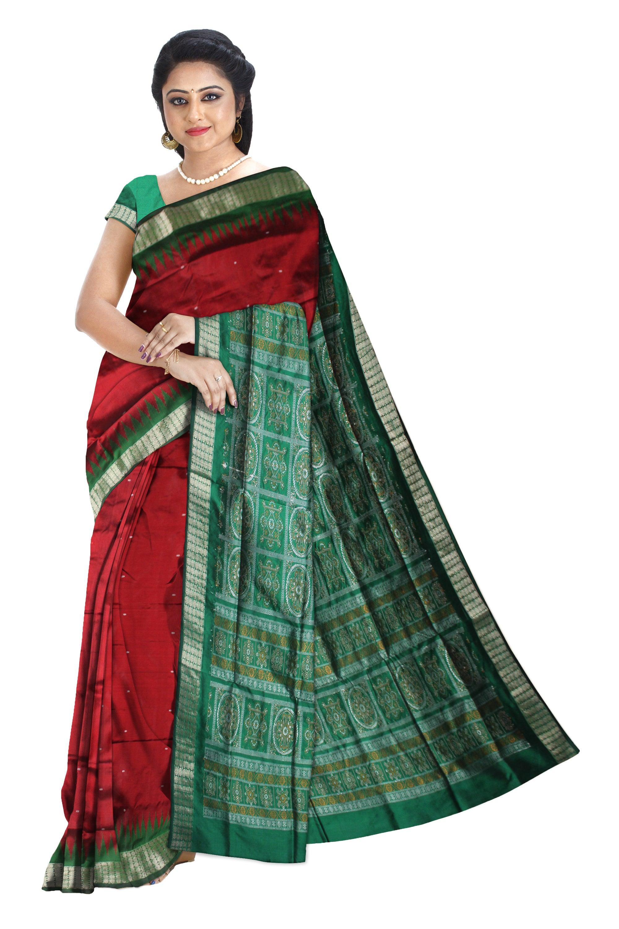 PALLU BOMKEI PATTERN AND BODY BOOTY DESIGN PATA SAREE  IN MAROON AND GREEN COLOR, ATTACHED WITH BLOUSE PIECE. - Koshali Arts & Crafts Enterprise