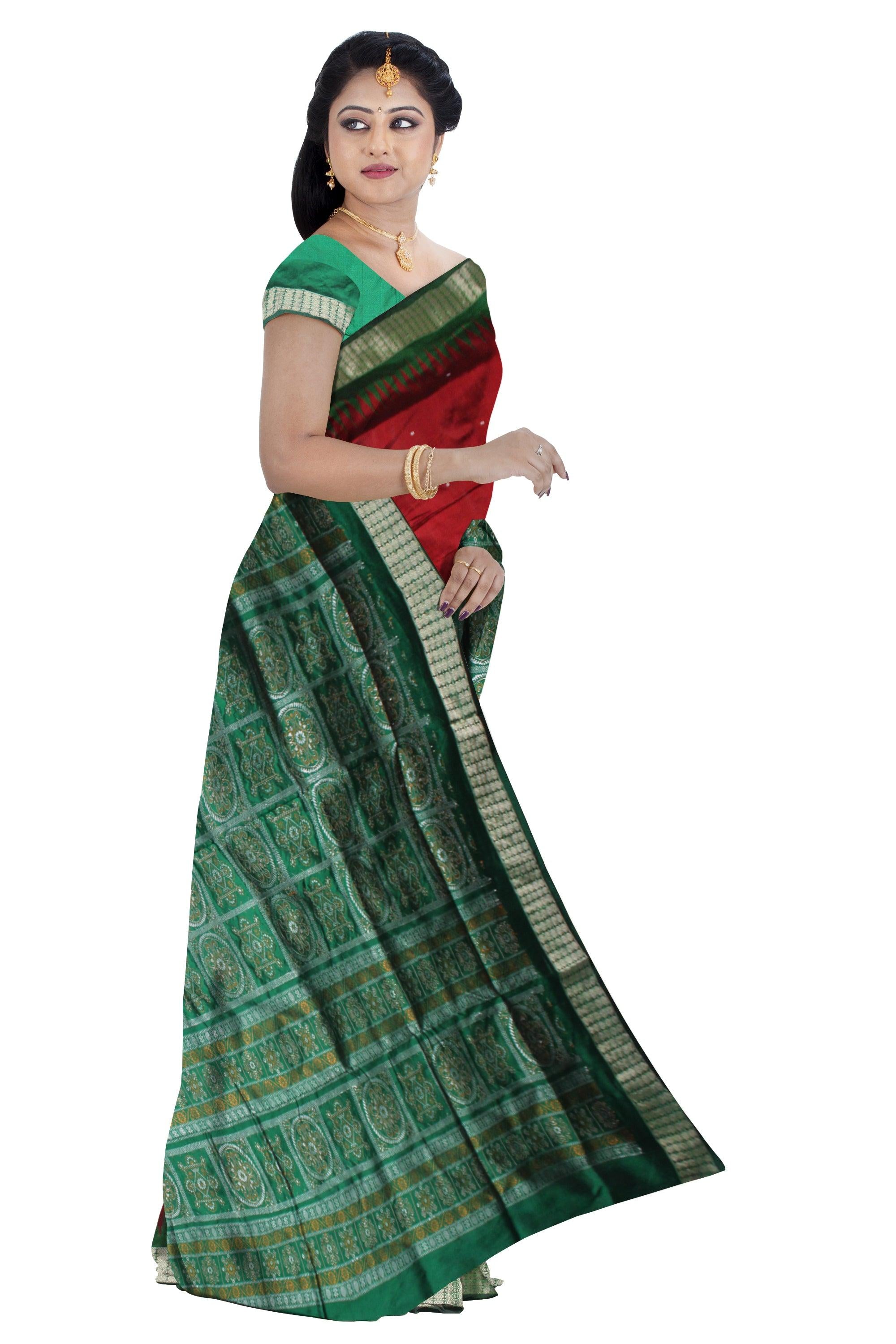 PALLU BOMKEI PATTERN AND BODY BOOTY DESIGN PATA SAREE  IN MAROON AND GREEN COLOR, ATTACHED WITH BLOUSE PIECE. - Koshali Arts & Crafts Enterprise