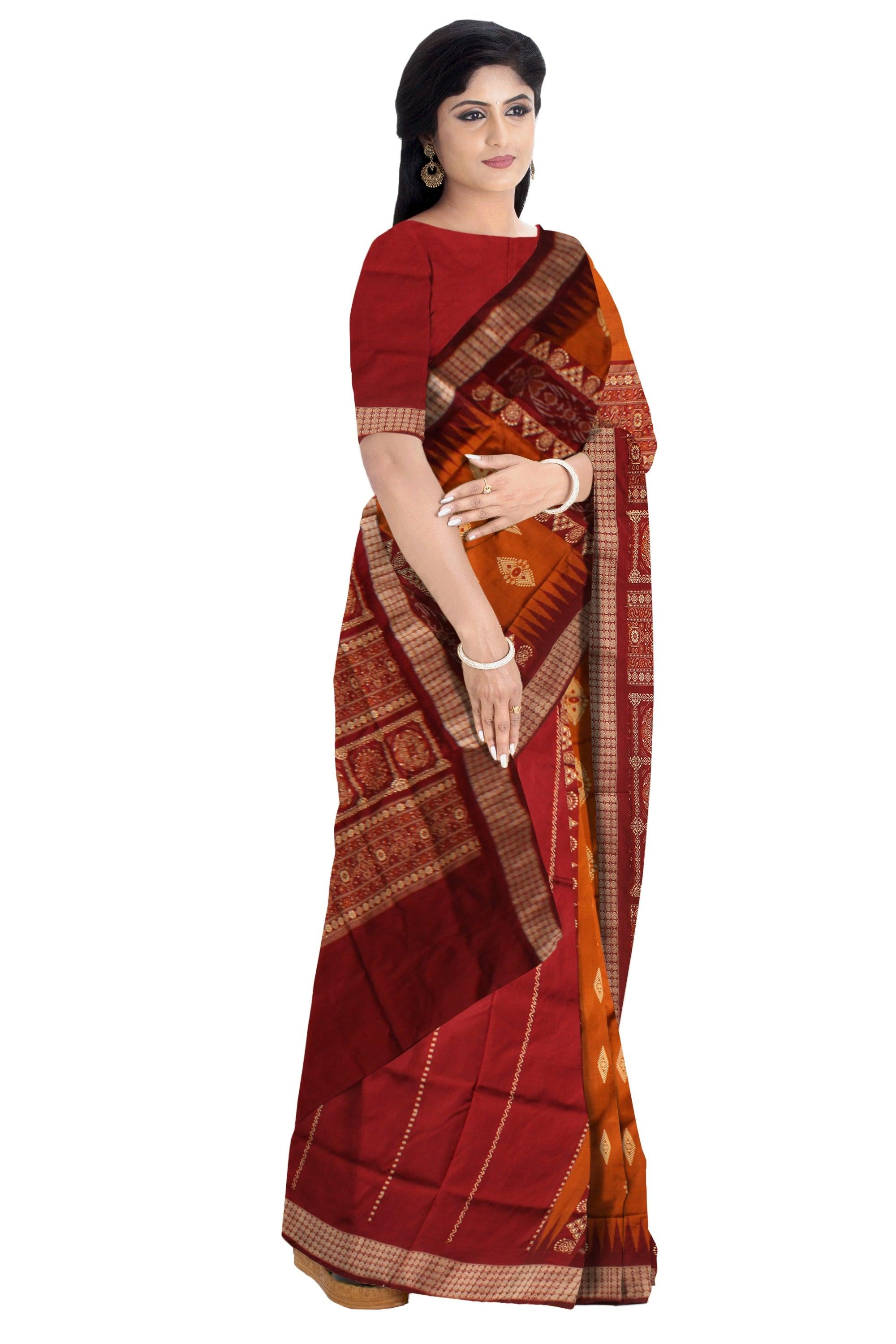 DEEP YELLOW AND MAROON COLOR PATLI PATA SAREE , ATTACHED WITH BLOUSE PIECE. - Koshali Arts & Crafts Enterprise