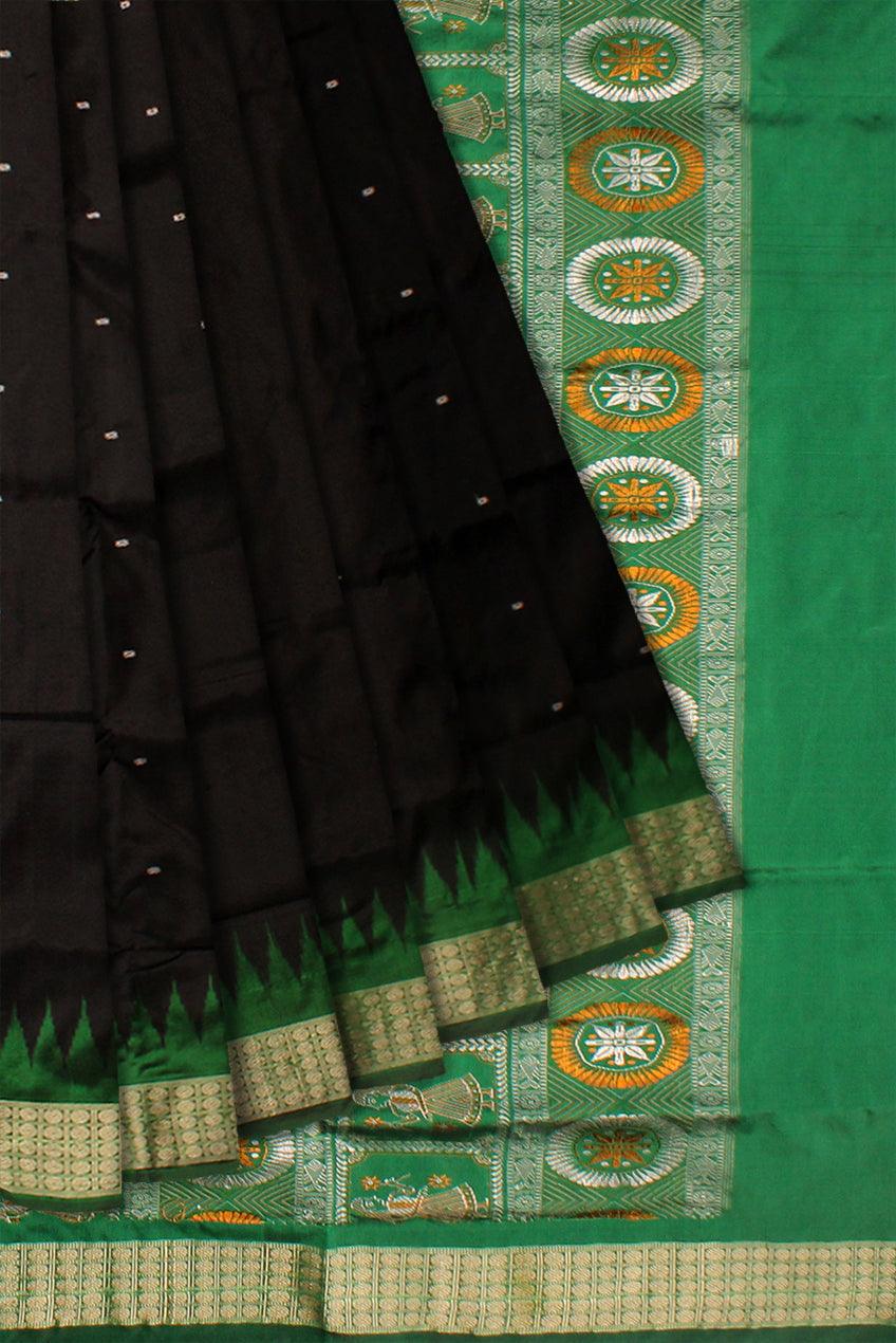 PALLU DOLL PRINT AND BODY BOOTY PATTERN DESIGN IN BLACK  AND GREEN COLOR BASE, ATTACHED WITH BLOUSE. - Koshali Arts & Crafts Enterprise
