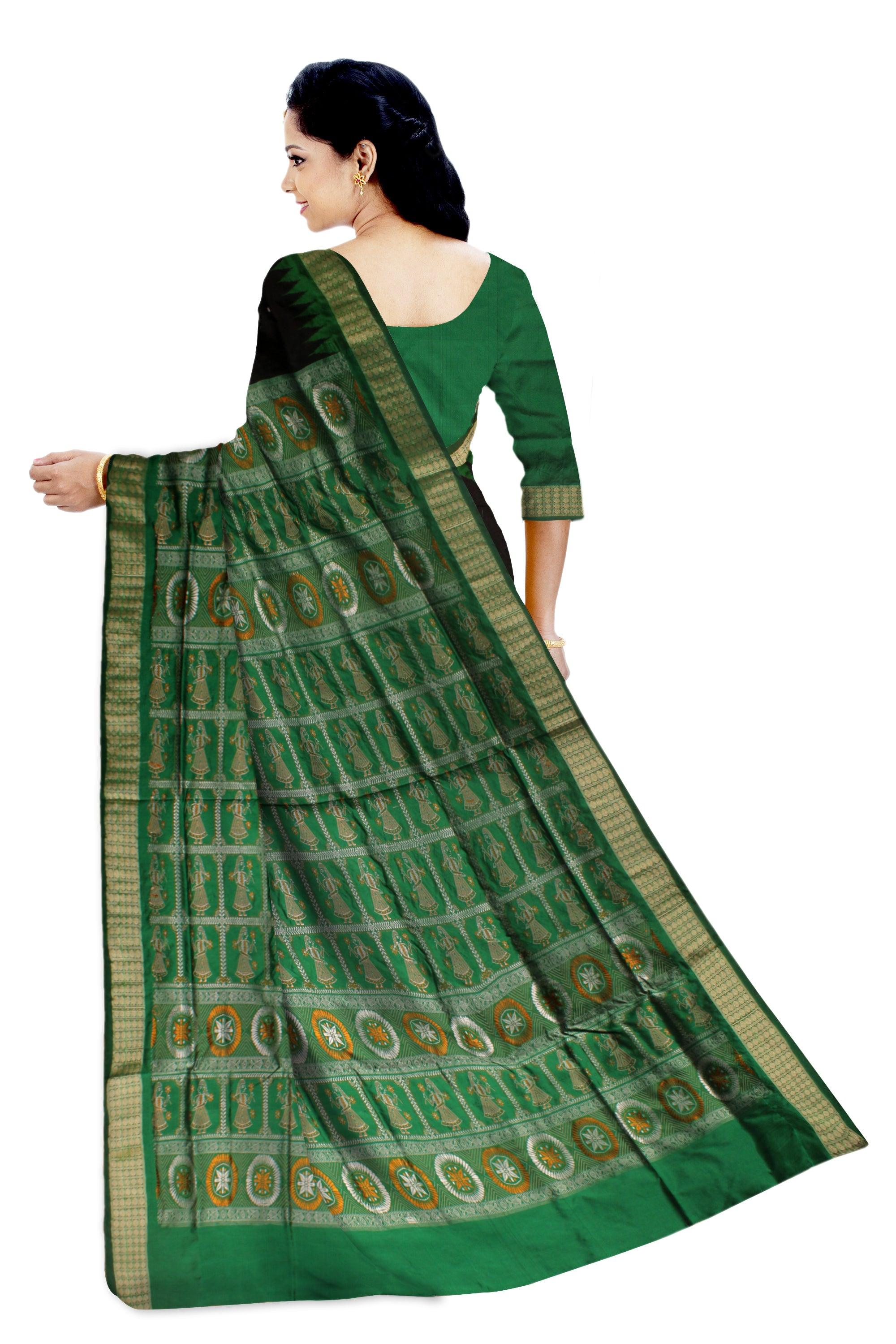 PALLU DOLL PRINT AND BODY BOOTY PATTERN DESIGN IN BLACK  AND GREEN COLOR BASE, ATTACHED WITH BLOUSE. - Koshali Arts & Crafts Enterprise