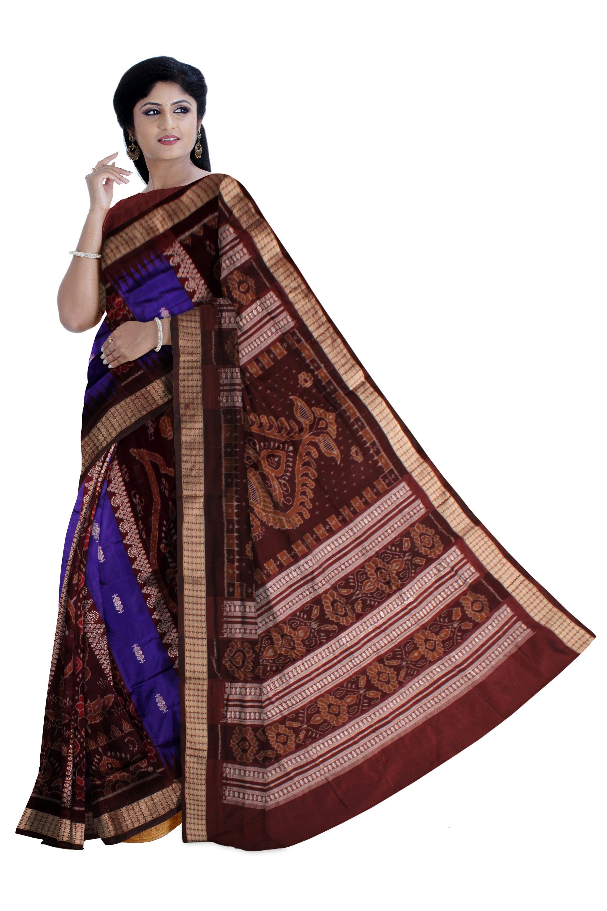 BLUE AND COFFEE COLOR BASE BOMKEI PATA SAREE, WITH BLOUSE PIECE. - Koshali Arts & Crafts Enterprise