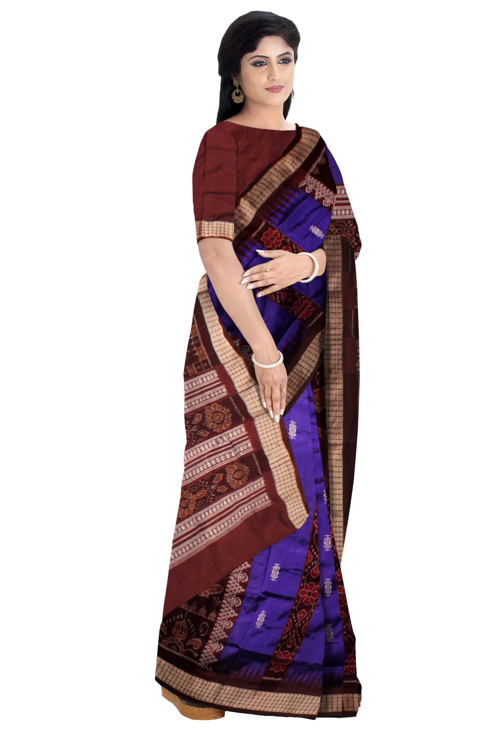 BLUE AND COFFEE COLOR BASE BOMKEI PATA SAREE, WITH BLOUSE PIECE. - Koshali Arts & Crafts Enterprise