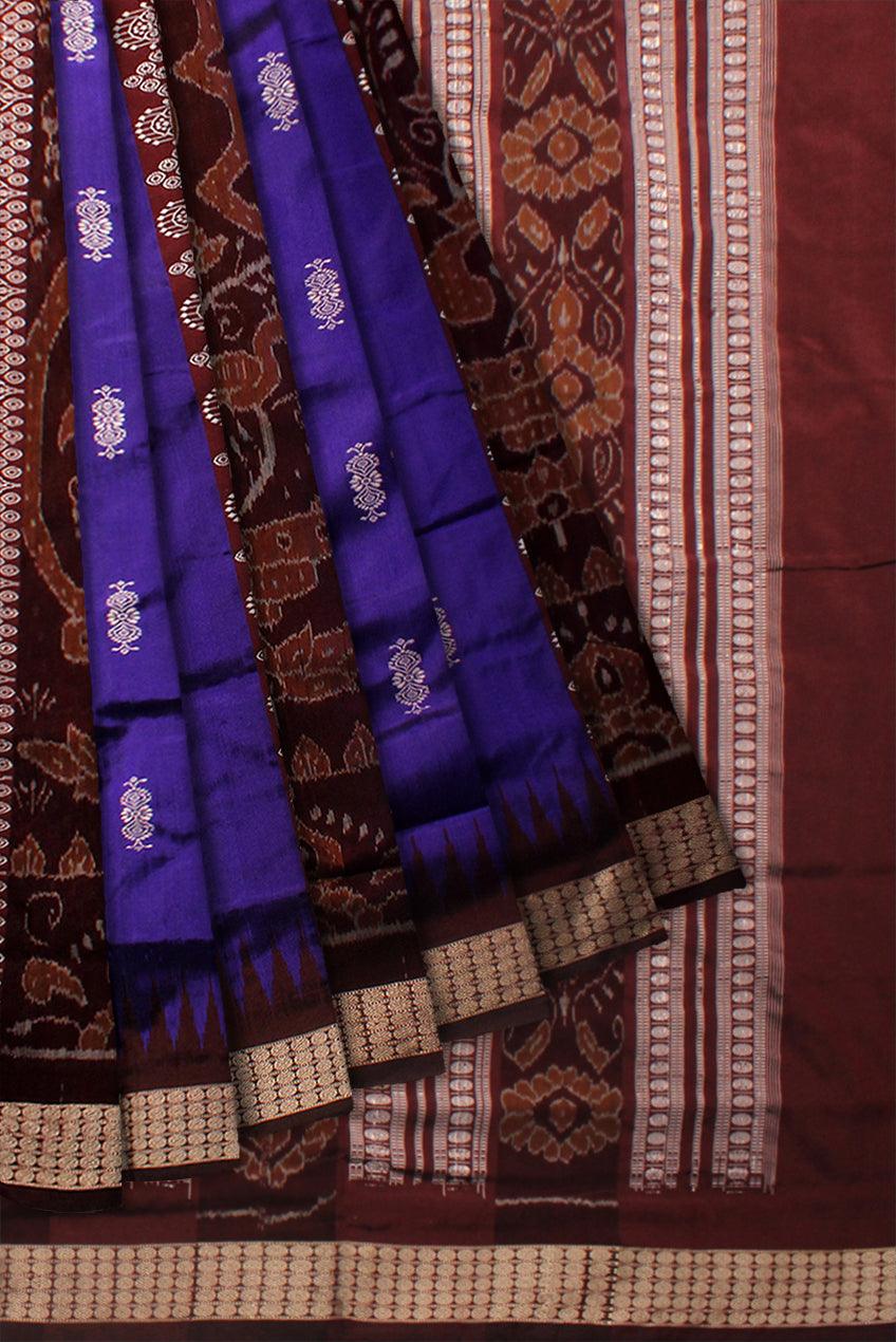 BLUE AND COFFEE COLOR BASE BOMKEI PATA SAREE, WITH BLOUSE PIECE. - Koshali Arts & Crafts Enterprise