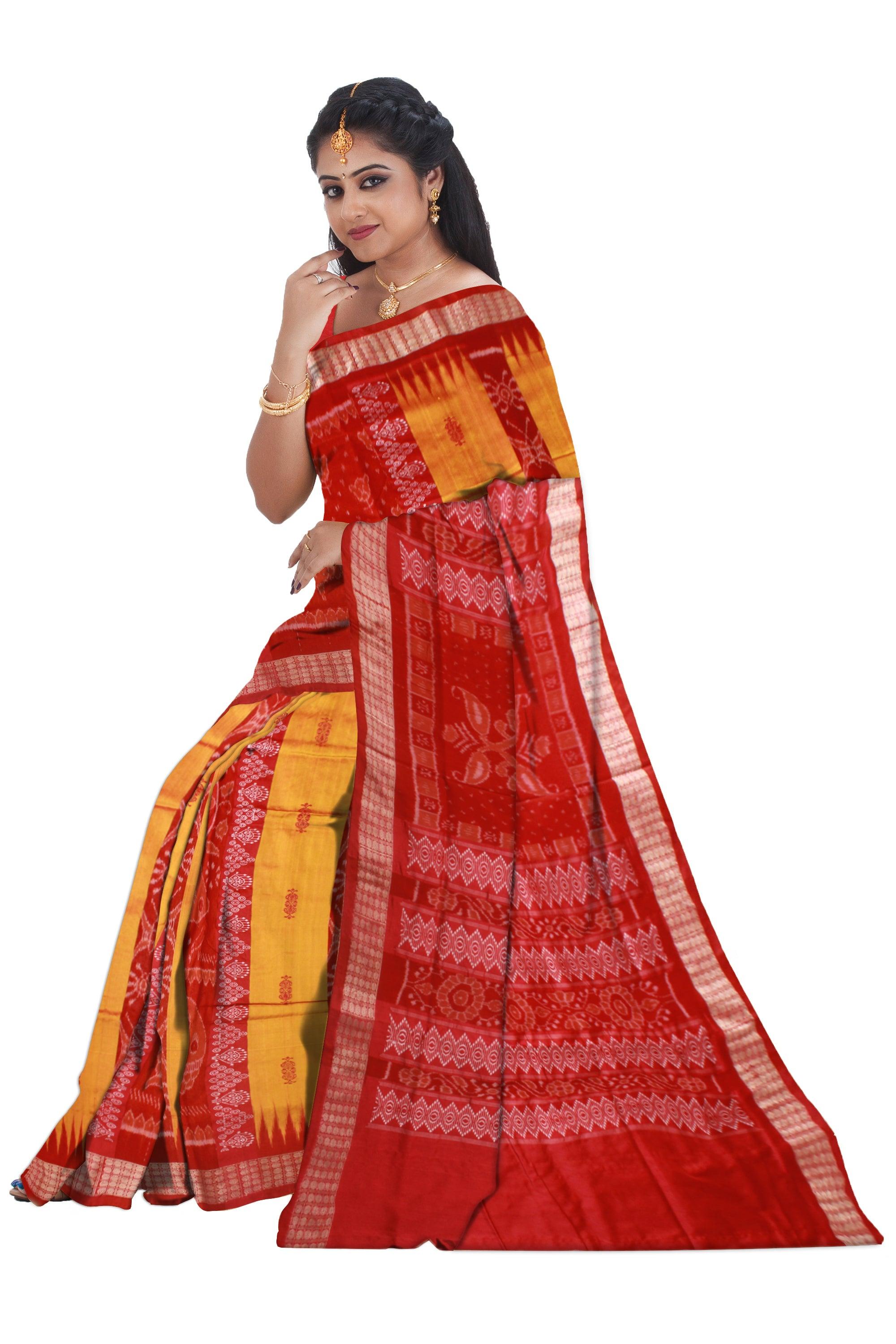 PEACOCK PATTERN BOMKEI PATA SAREE IN YELLOW AND RED COLOR BASE, WITH BLOUSE PIECE. - Koshali Arts & Crafts Enterprise