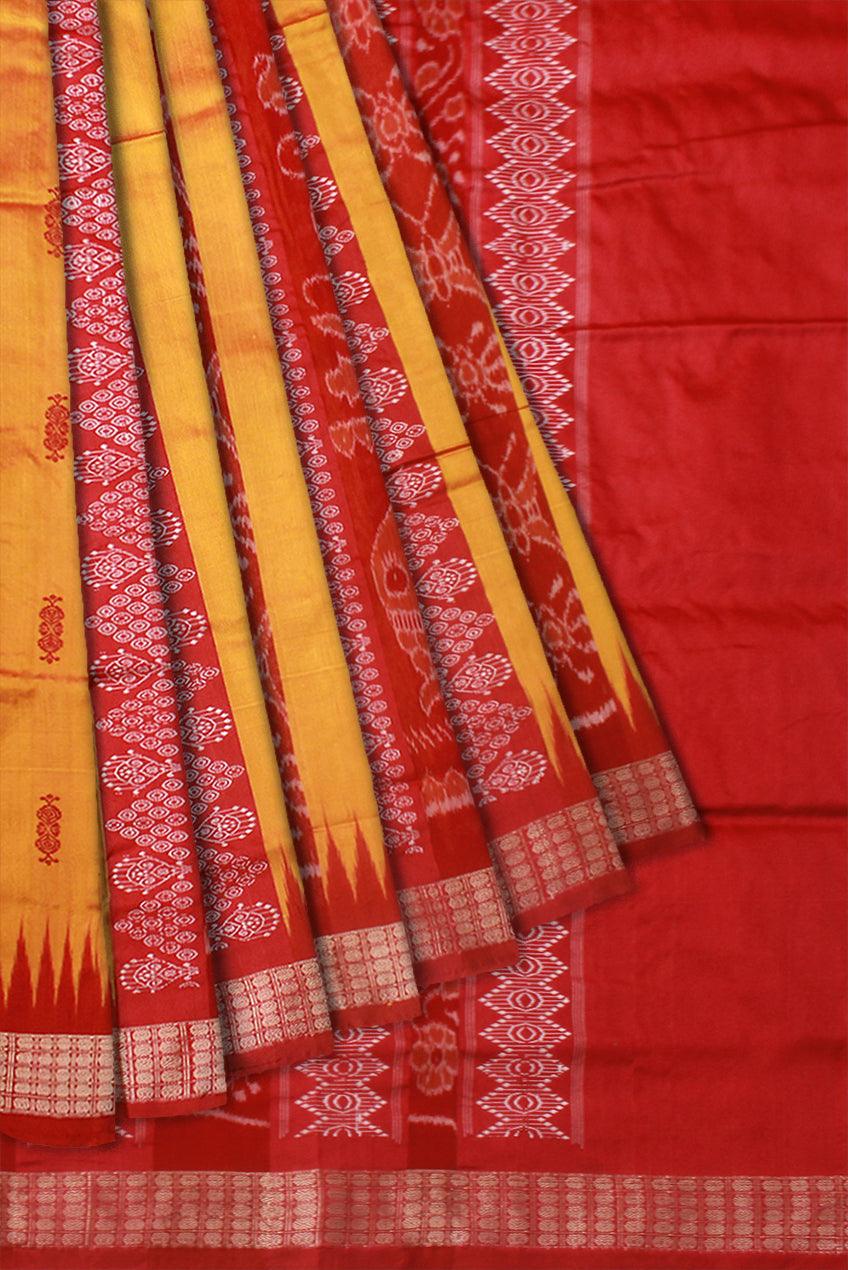 PEACOCK PATTERN BOMKEI PATA SAREE IN YELLOW AND RED COLOR BASE, WITH BLOUSE PIECE. - Koshali Arts & Crafts Enterprise