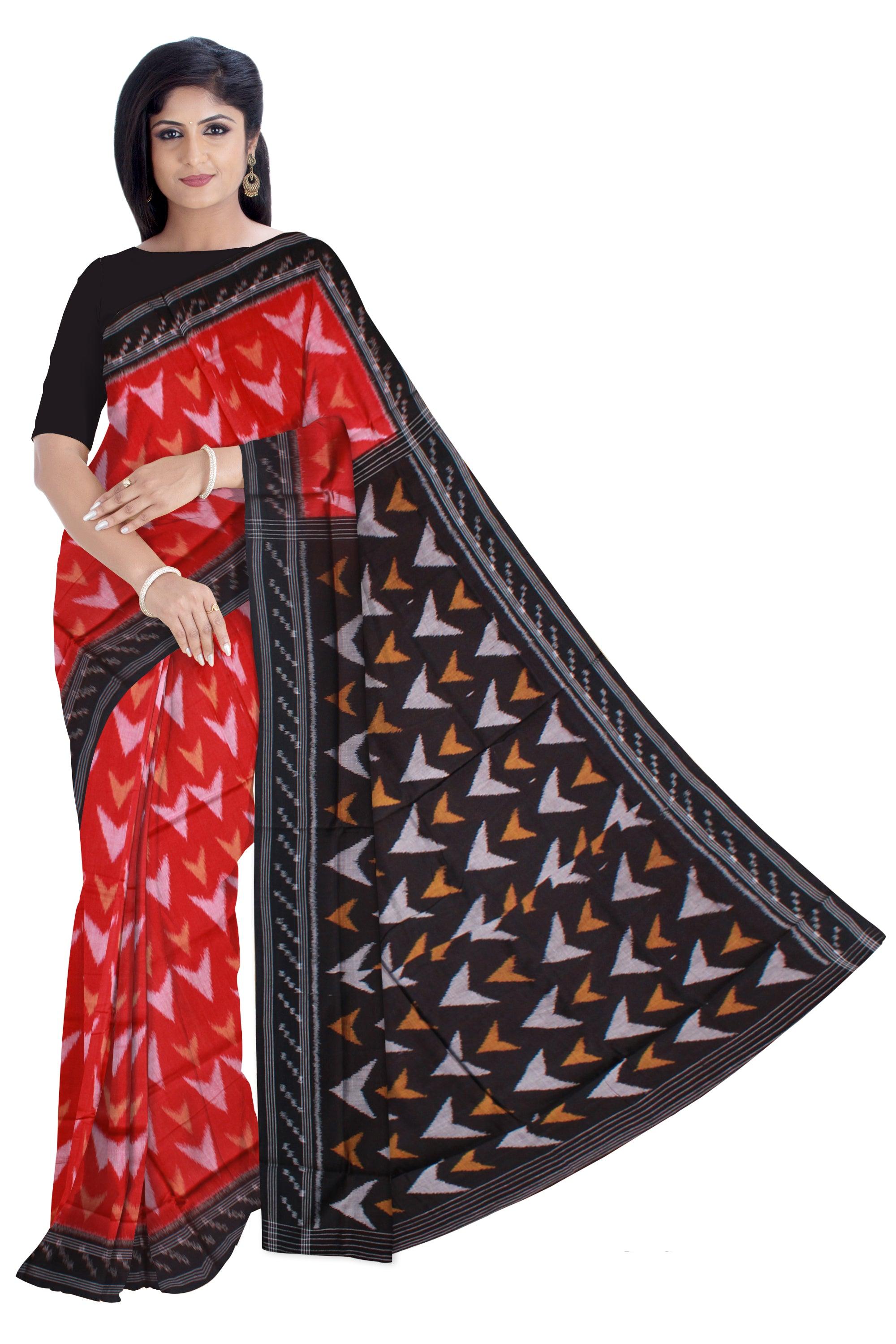 A BEAUTIFUL PATTERN MANIABANDHA COTTON SAREE IS RED AND BLACK COLOR BASE, WITHOUT BLOUSE PIECE. - Koshali Arts & Crafts Enterprise