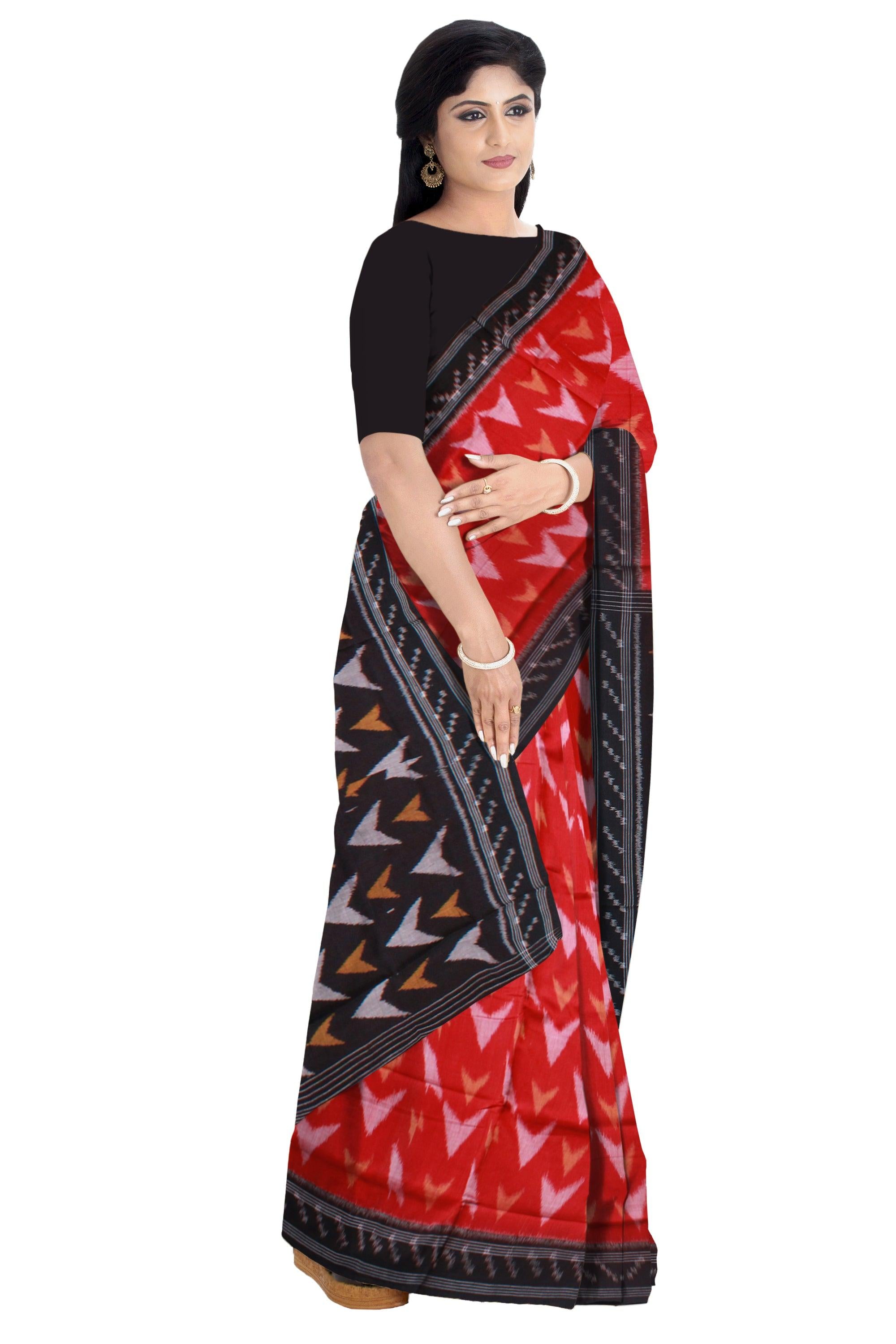 A BEAUTIFUL PATTERN MANIABANDHA COTTON SAREE IS RED AND BLACK COLOR BASE, WITHOUT BLOUSE PIECE. - Koshali Arts & Crafts Enterprise