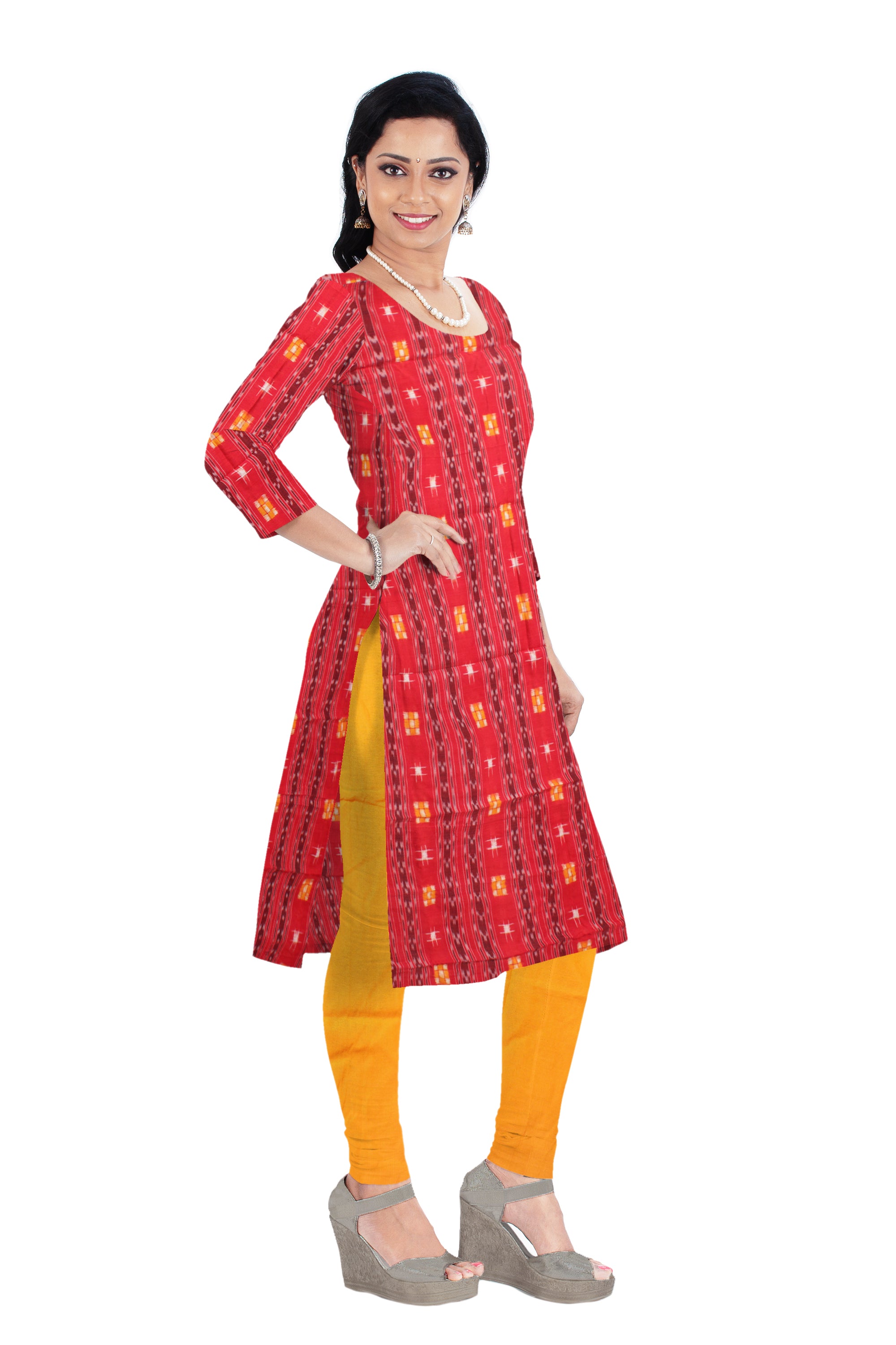 Cotton Dress Material in Beautiful White, Orange and Yellow color with Pasapali design. Contrast Dupatta  UNSTITCHED DRESS SET - Koshali Arts & Crafts Enterprise