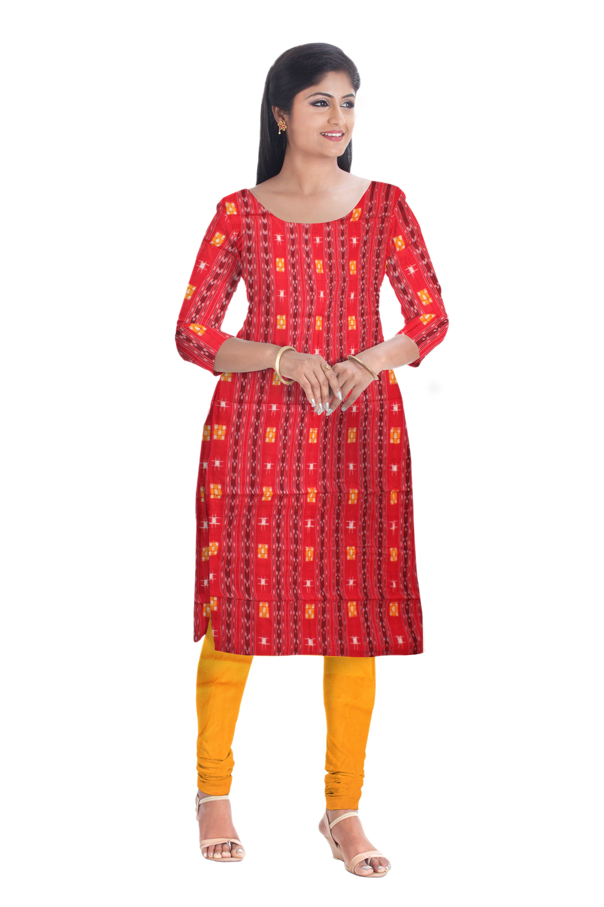Cotton Dress Material in Beautiful White, Orange and Yellow color with Pasapali design. Contrast Dupatta  UNSTITCHED DRESS SET - Koshali Arts & Crafts Enterprise